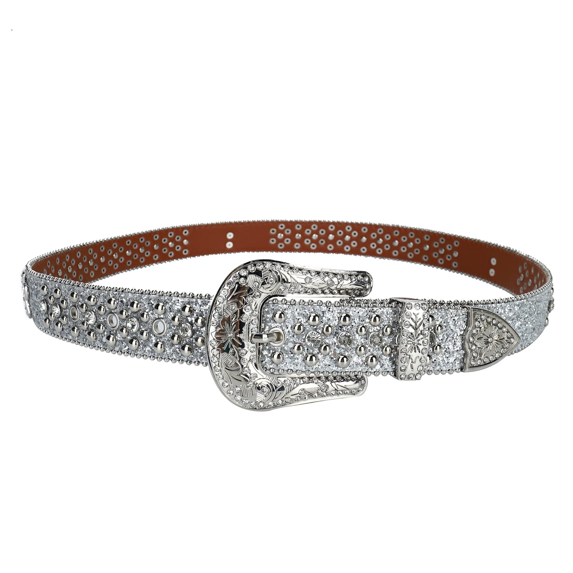 Silberner Funkelnder Nietengürtel Strass-Gürtel Unisex, Voll-Diamant Accessoire, Vintage Glitzer-Sequins Jeansgürtel Für Hosen & Kleider(115cm/45, Silver)