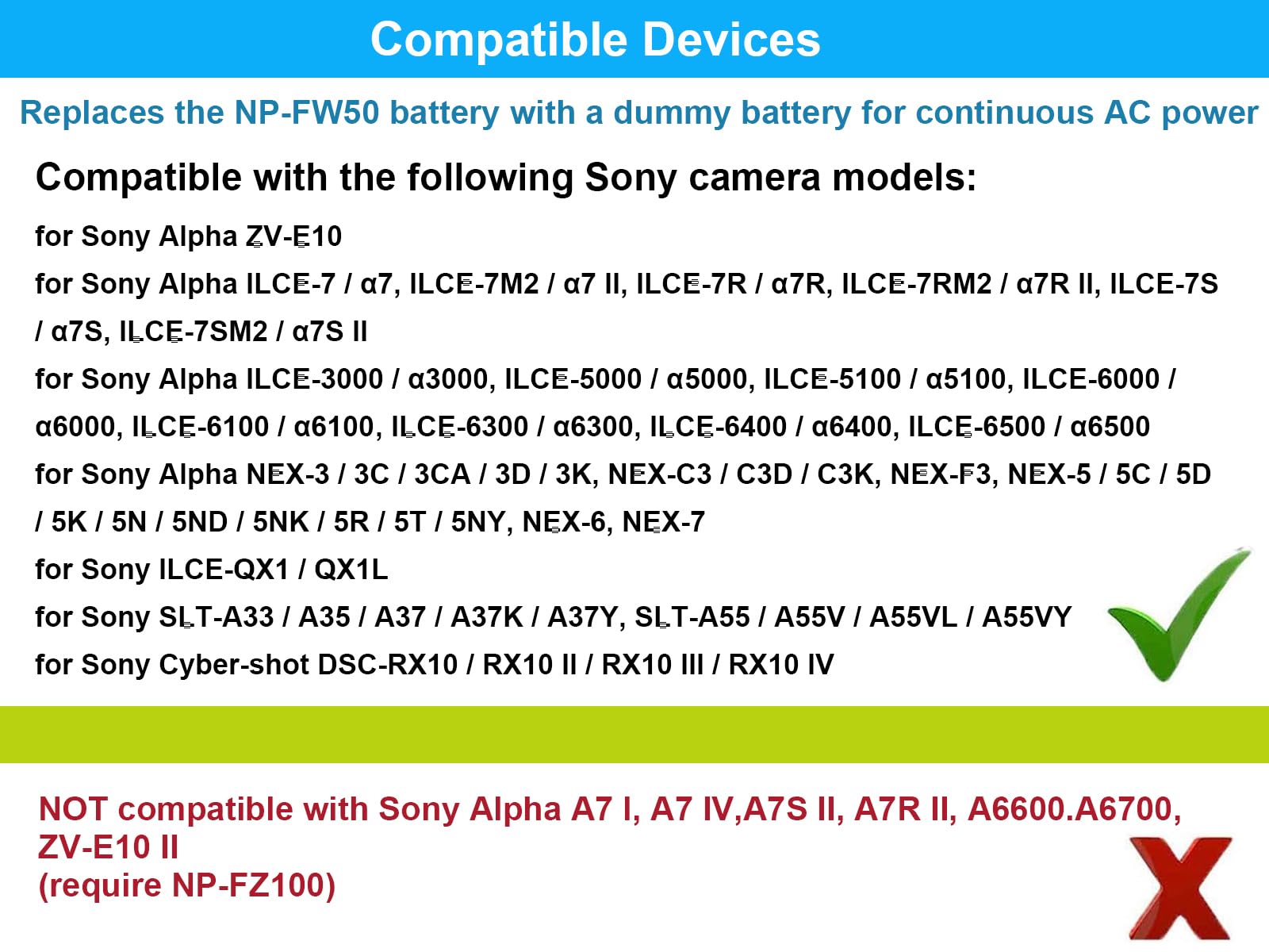 AC-PW20 zasilacz NP-FW50 Dummy Battery DC Coupler Kit do Sony Alpha A5100 A6000 A6100 A6300 A6400 A6500 ZV-E10 A7 A7R A7S A7II A7RII A7SII RX10 II NEIV X5 NEX5 Nex7 kamer.