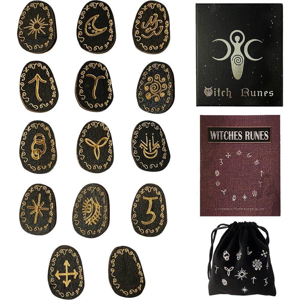 Lpitoy Wood Runes Stone Set Witches Rune Set 14 Pcs Engraved Rune Symbol for Divination