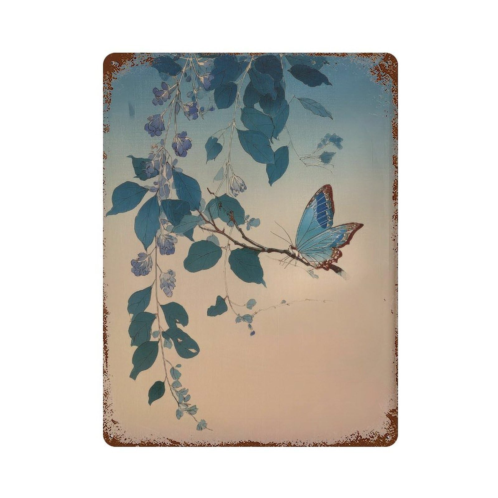 xiaoxiaoshen Blue Butterfly. Botanical Japanese Style Wall Decor Art Metal Tin Poster Modern Home Decor Art Home Bar Shop Decorations Vintage Sign 40x30cm