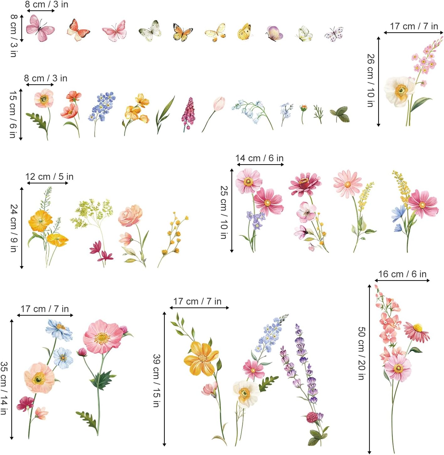 decalmile Flower Wall Decals Daisy Wildflower Grass Butterflies Wall Stickers Girls Bedroom Living Room Home Office Wall Decor