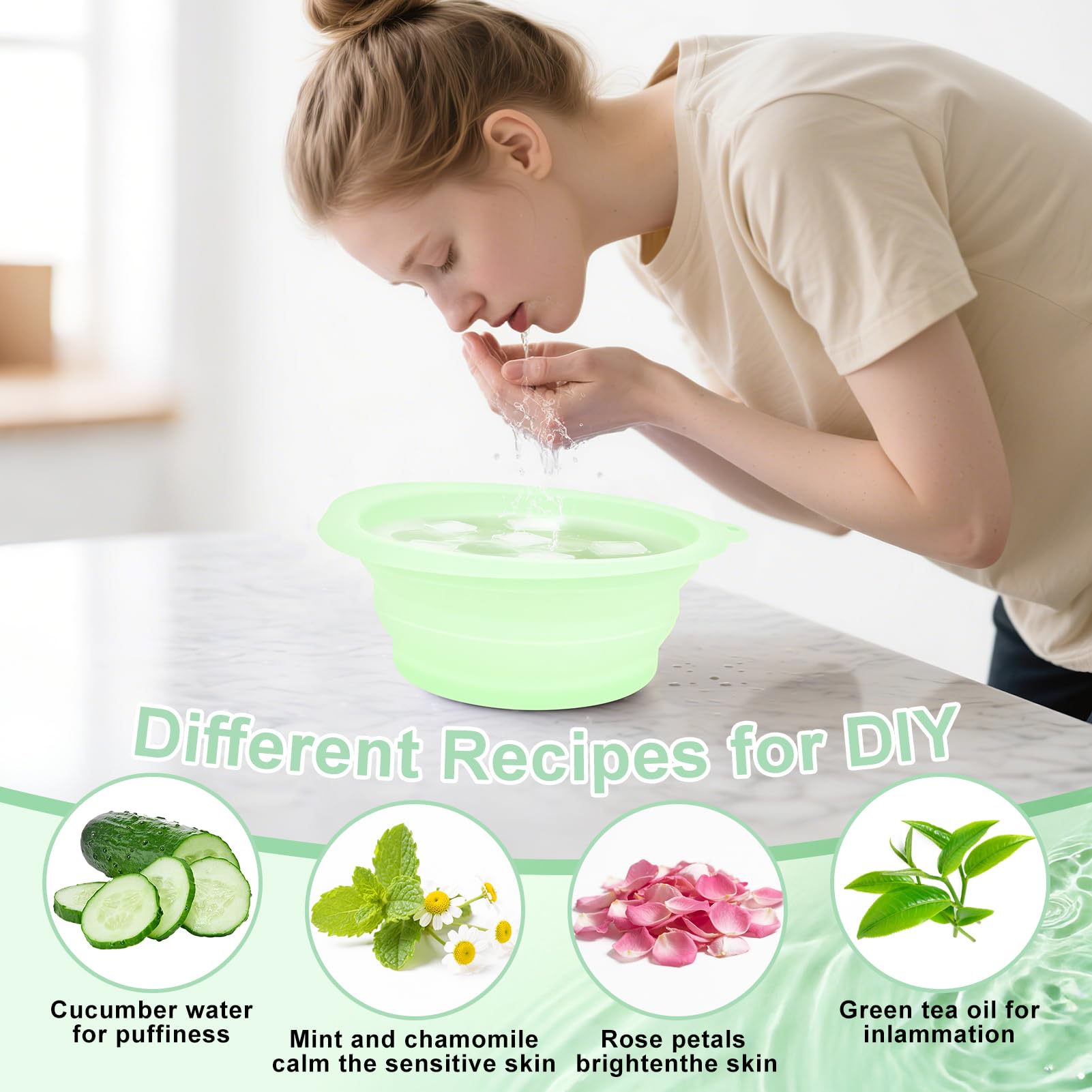 Bol à glace en silicone pour le visage, bol de glace pliable avec plateau à glaçons intégré, bassin de lavage pliable à refroidissement rapide pour apaiser la peau, lavabo pour usage