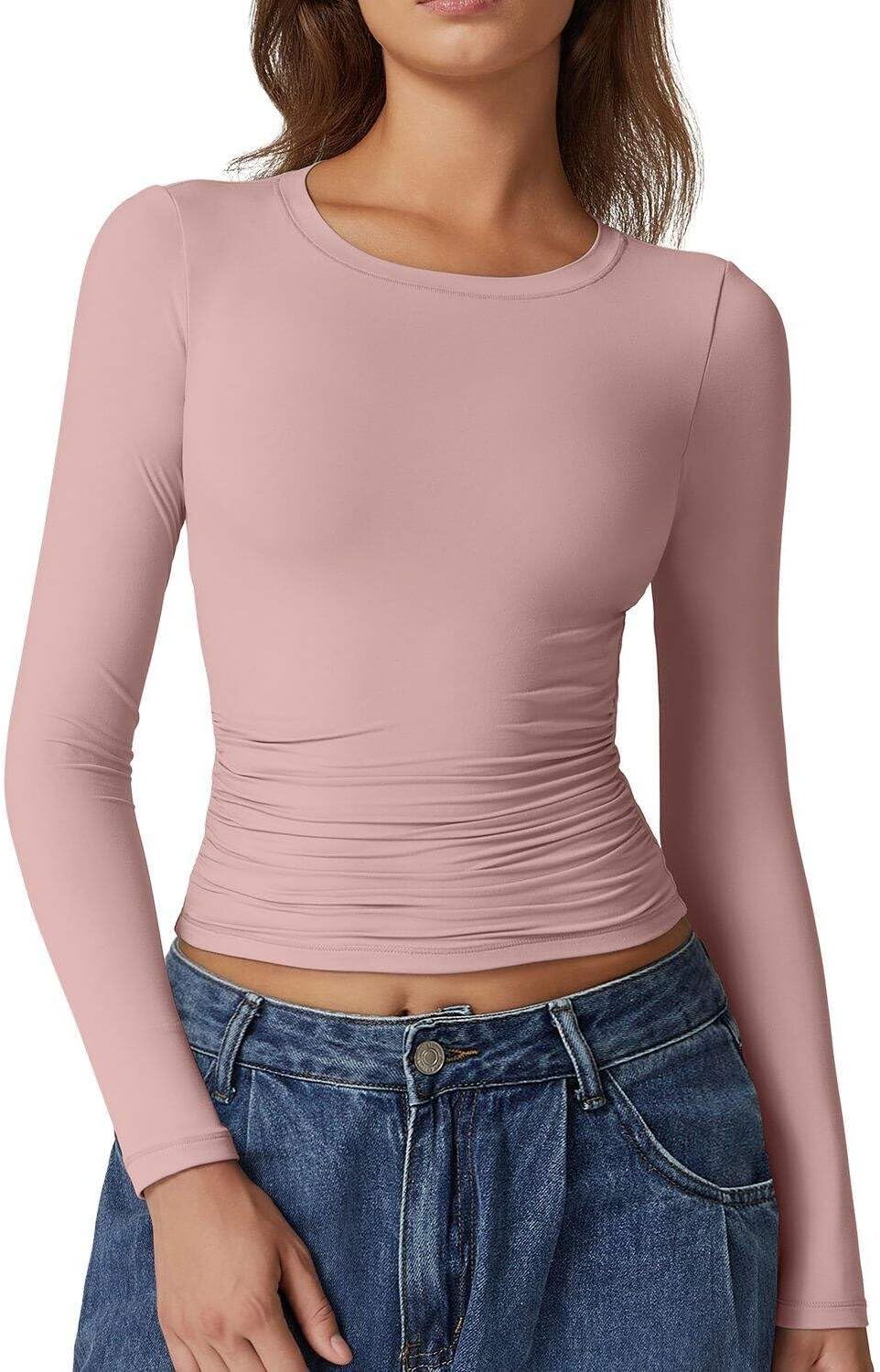 QINSEN Womens Crewneck Long Sleeve Shirt Double Lined Basic Tees Side Ruched Going Out Crop Tops