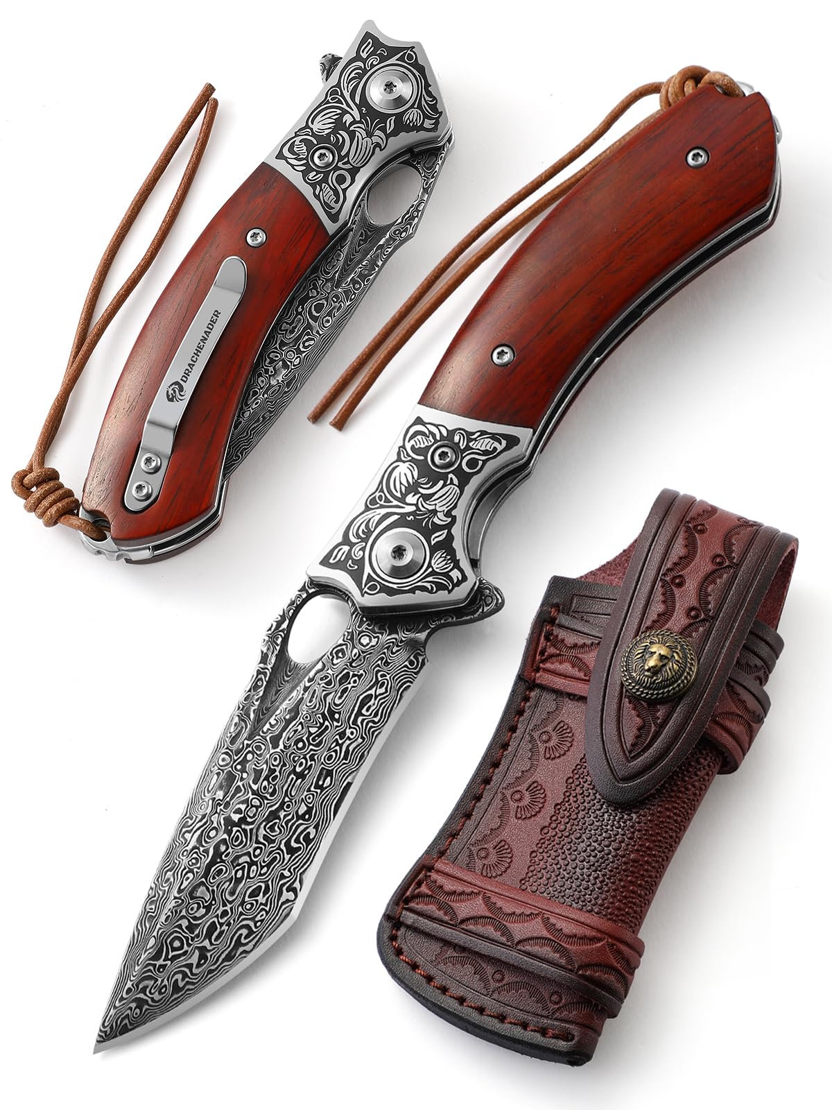 Damascus Pocket Knife for Men, AUGENWEIDE Damascus Steel Pocket Knife with Clip and Sheath, Handmade Real Damascus Steel Folding Knife, Gifts for Father's Day, Valentine's Day A-(KNIFE WITH A LEATHER SHEATH)