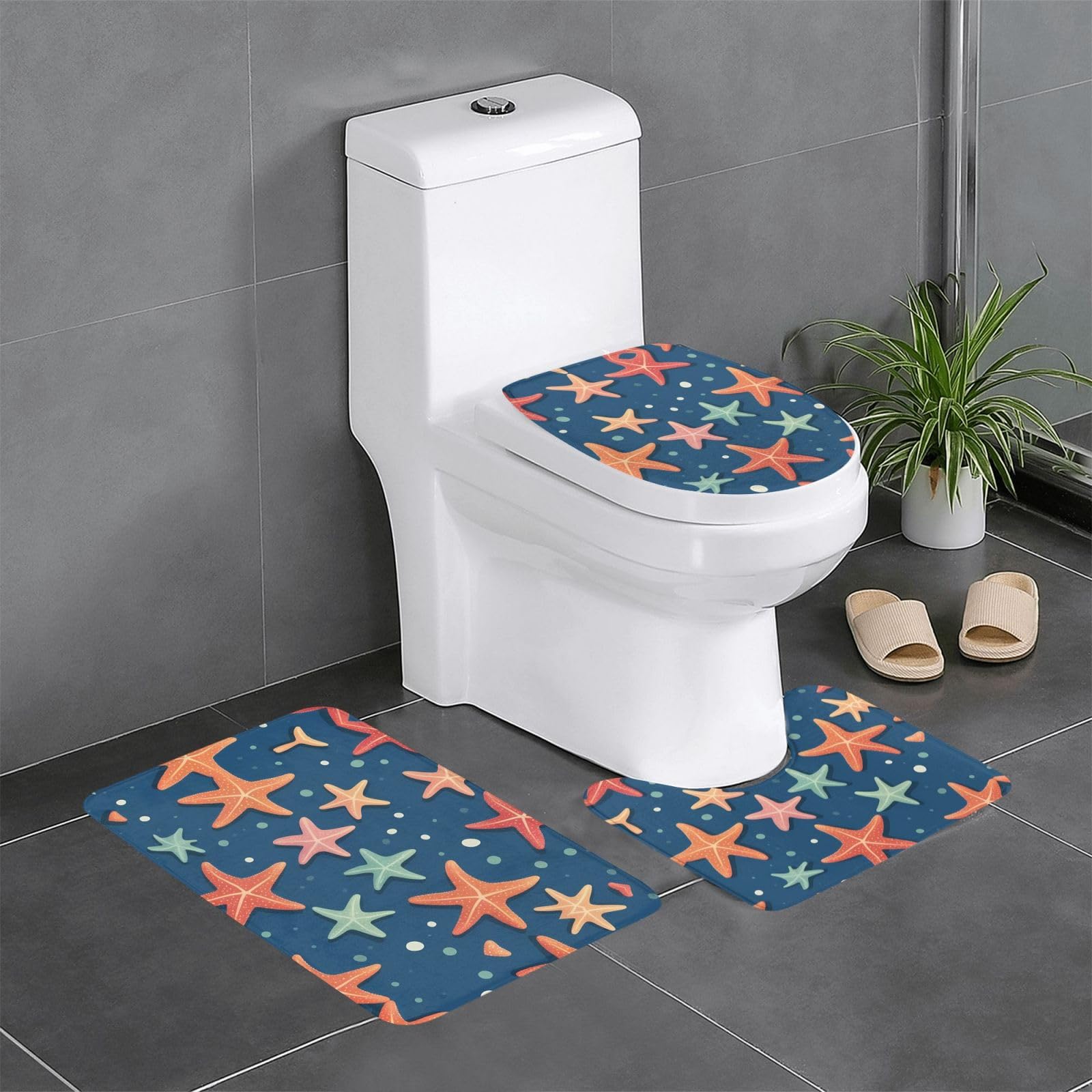 Tapis de salle de bain antidérapants lot de 3 pour sol WC et coiffeuse étoiles de mer à pois