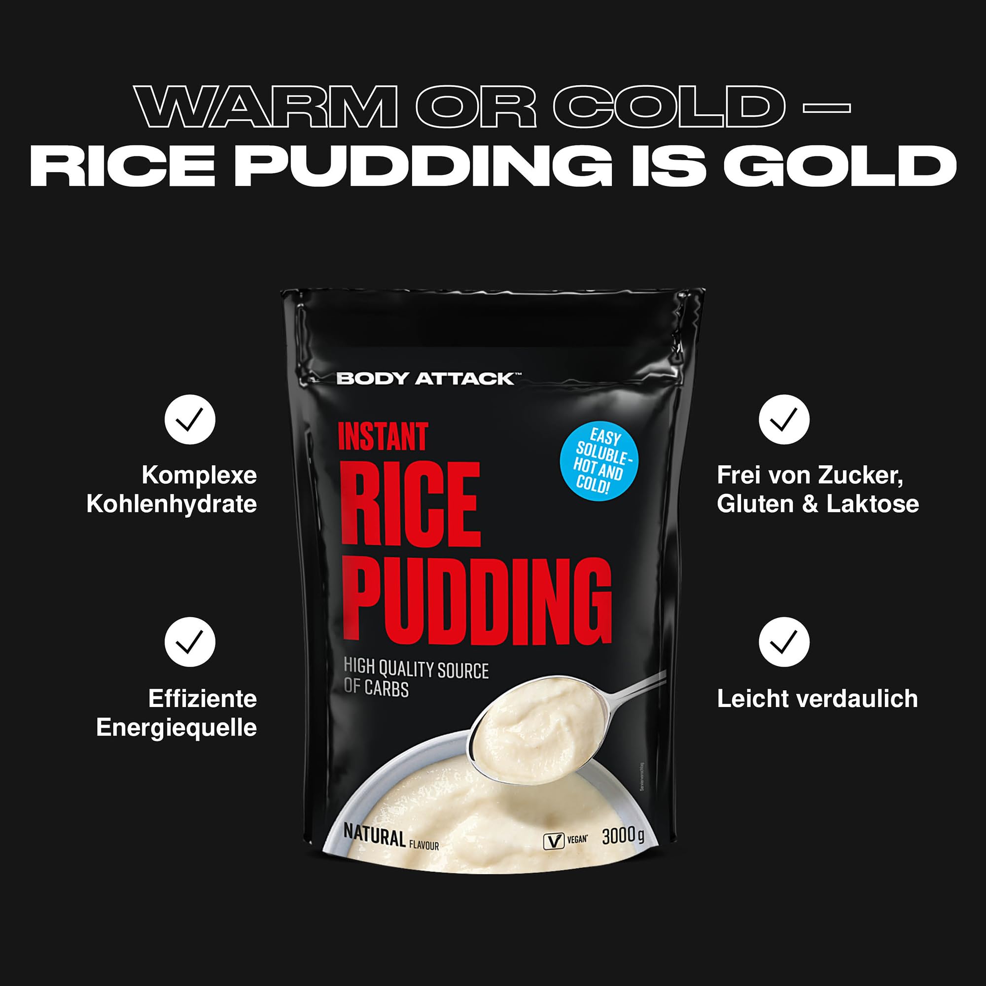 Body Attack Instant Rice Pudding Neutral, 3 kg - Veganer Reispudding für Frühstück & Pre-Workout Snack - Hochwertige Energiequelle dank komplexer Kohlenhydrate - leicht verdaulich