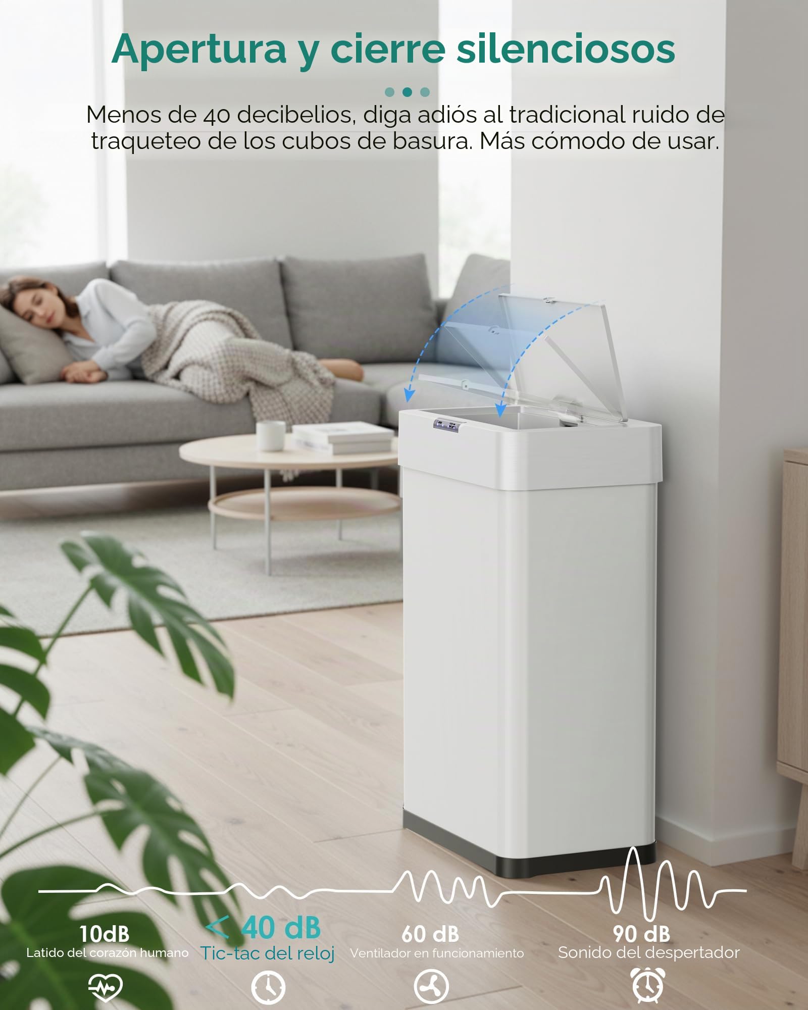 LIFERUN Papelera con sensor, papelera para cocina 60 litros, tapa eléctrica con anillo de sujeción para bolsas de basura, papelera automática sin contacto de acero inoxidable, blanco