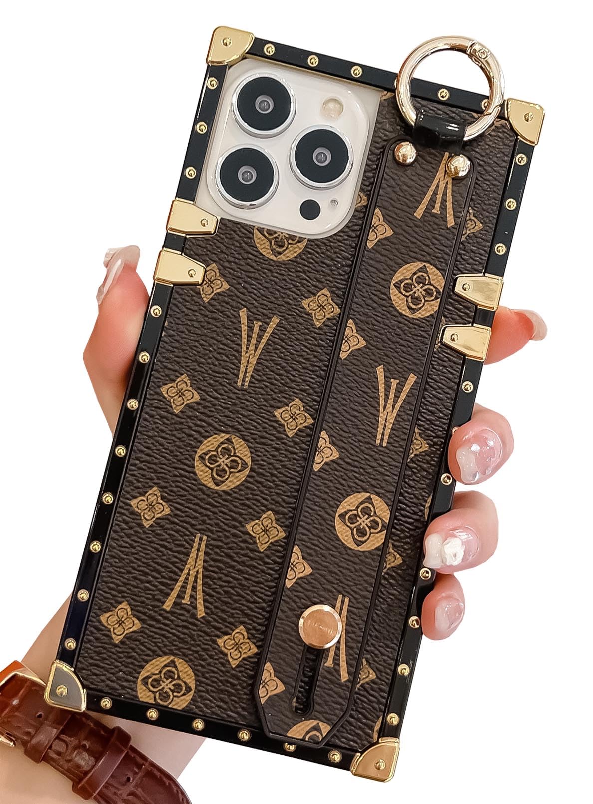 HALATUA Elegant Retro Compatible with iPhone Rhombus Pattern Faux Leather Case with Adjustable Wristband Kickstand,Electroplating Protective Rectangle