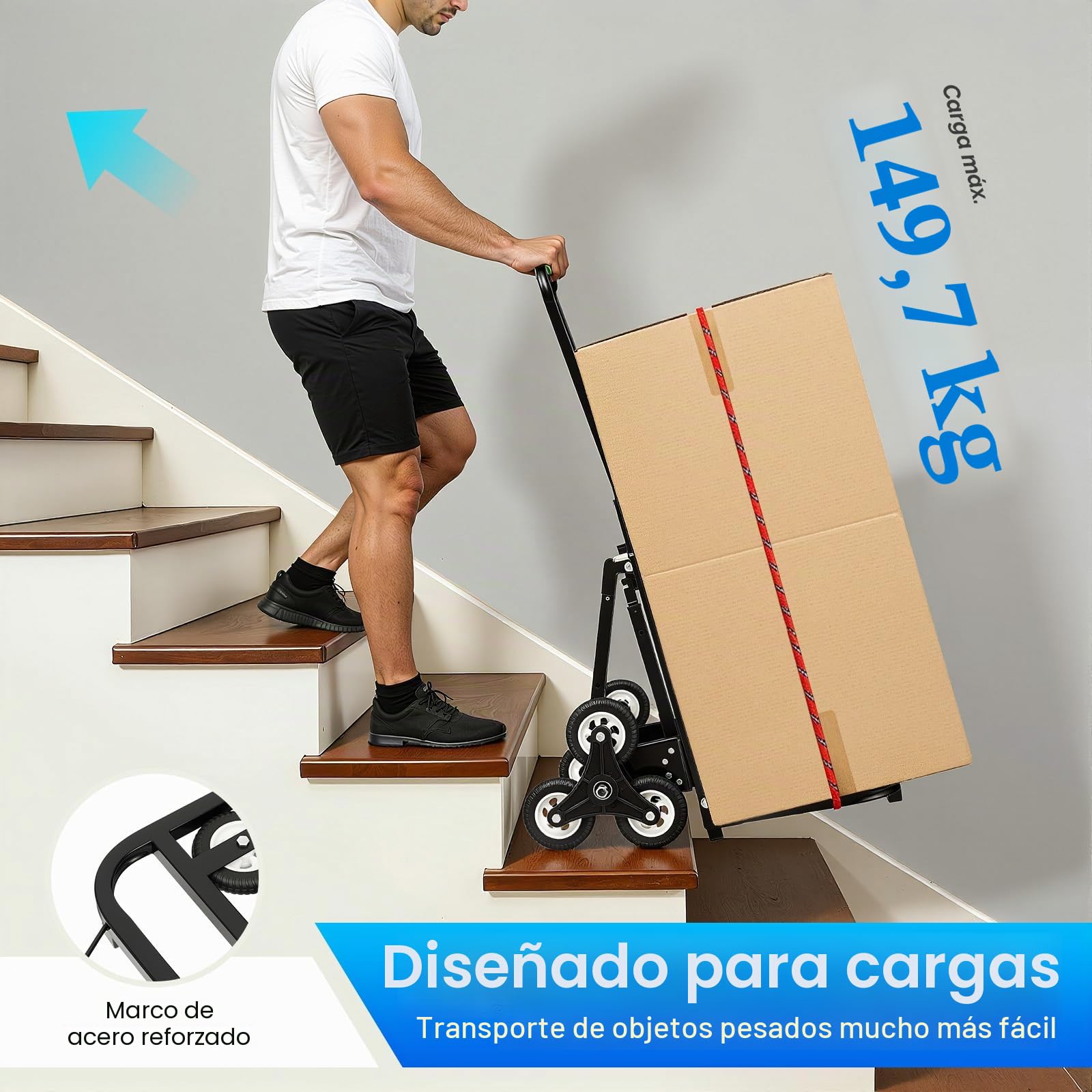 Carretilla plegable para cargas pesadas, 150 kg, 3 ruedas, con 2 neumáticos de repuesto, altura ajustable, 73-114 cm