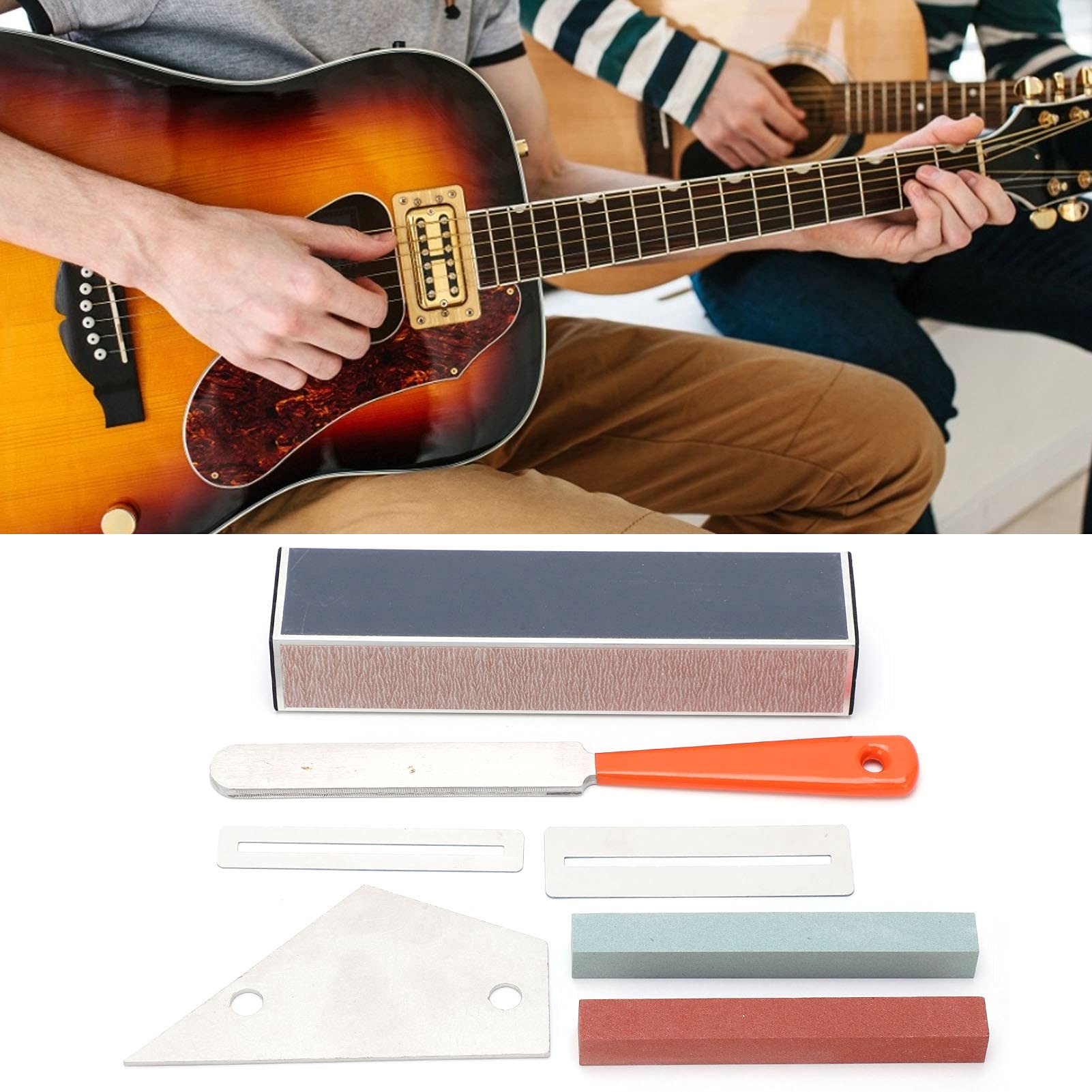 Jeffergarden Kit de Herramientas de Reparación de Guitarra Profesional con Lima de Coronación Nivelación de Trastes y Accesorios de Pulido Acero Inoxidable