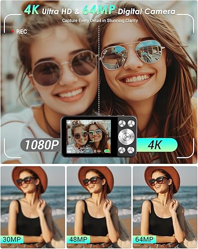 Miniatura 2 de Cámara digital 4K, cámara digital Wevoor de 64MP para apuntar y disparar con enfoque automático, zoom 18X, 20 filtros, tarjeta SD de 64 GB, batería