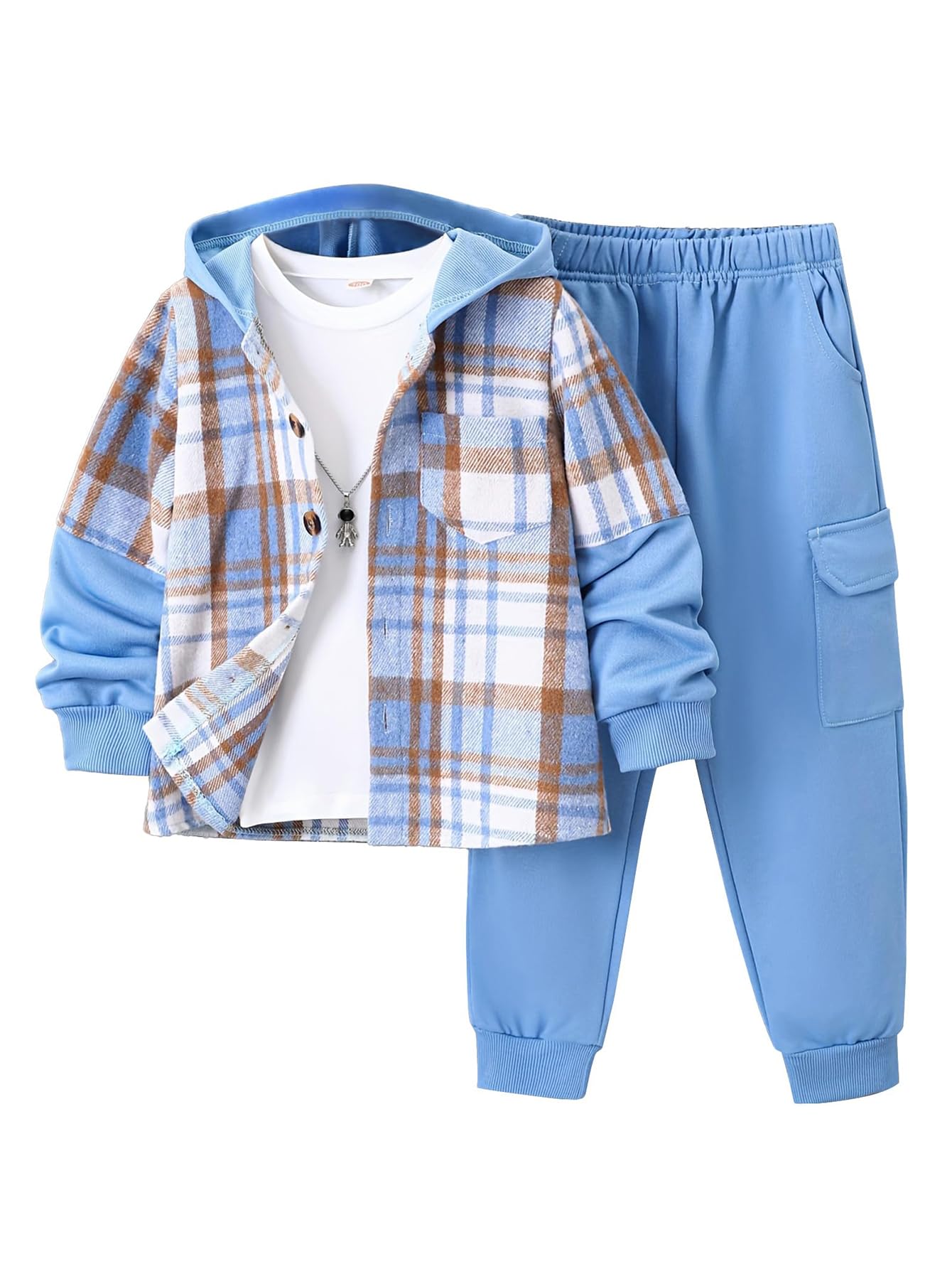 Boys 2 Piece Sweatsuit Flannel Plaid Shirt Hoodies Cargo Pants
