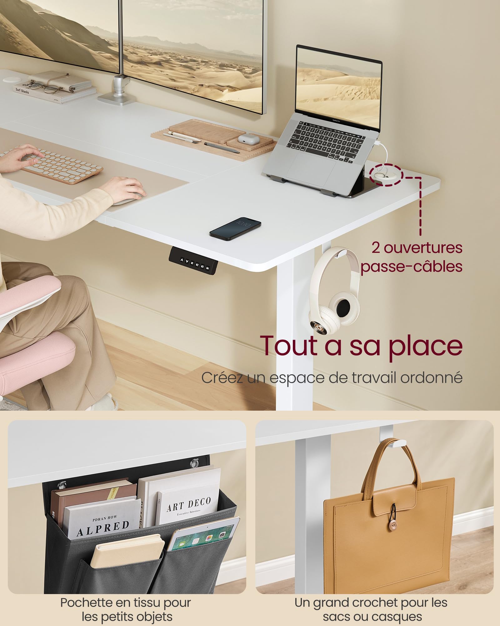 Bureau Électrique Assis-Debout SONGMICS 180x80 Cm - Réglable En Hauteur 72-120 Cm, Mémoire 4 Positions, Port USB-C - Blanc Nuage/Gris Tourterelle