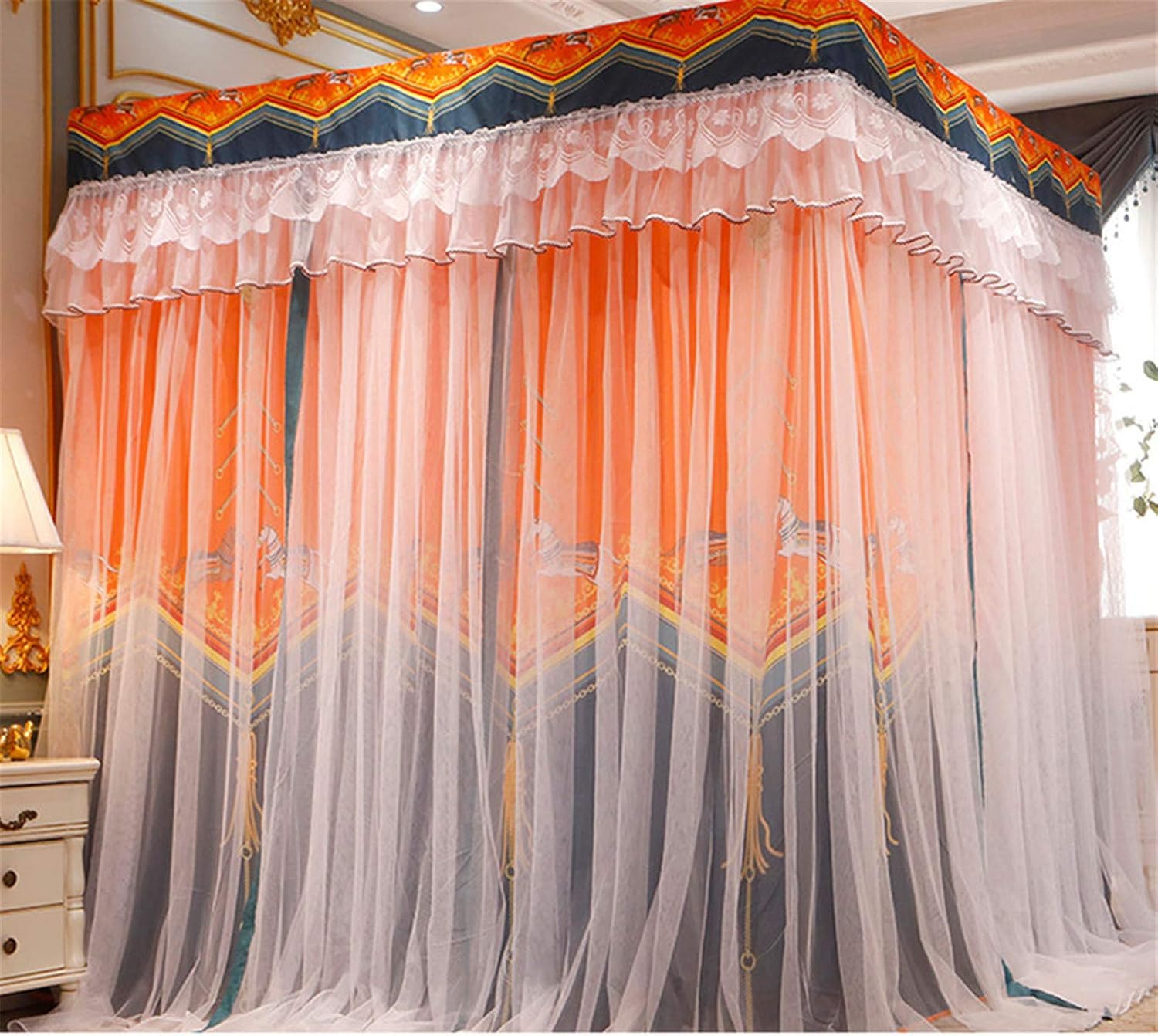4 Corner Post Canopy Bed Curtain Bed Netting Mosquito Net Bedding Detachable Double Layer Luxury Princess (Orange 180 * 200cm)