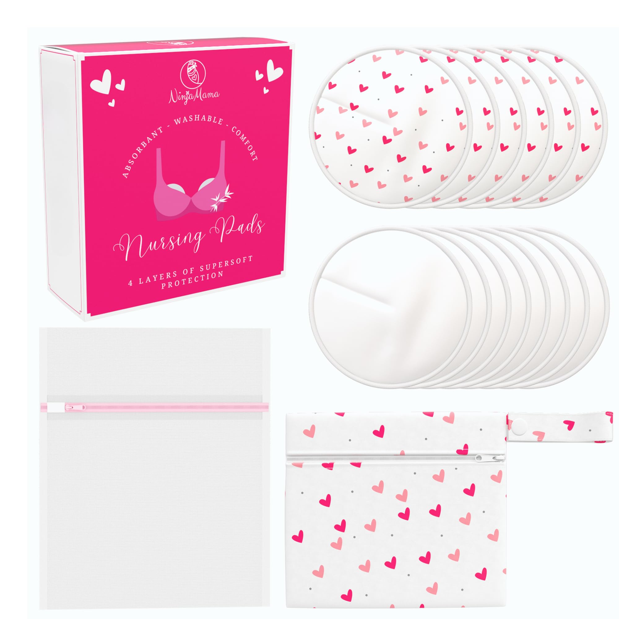 Ninja MamaNinja Mama Super Soft Washable Viscose Derived from Bamboo Breast Pads - Reusable Nursing Pads for Breastfeeding, Nipple Pads for Leaking Breast Milk - Pack of 14