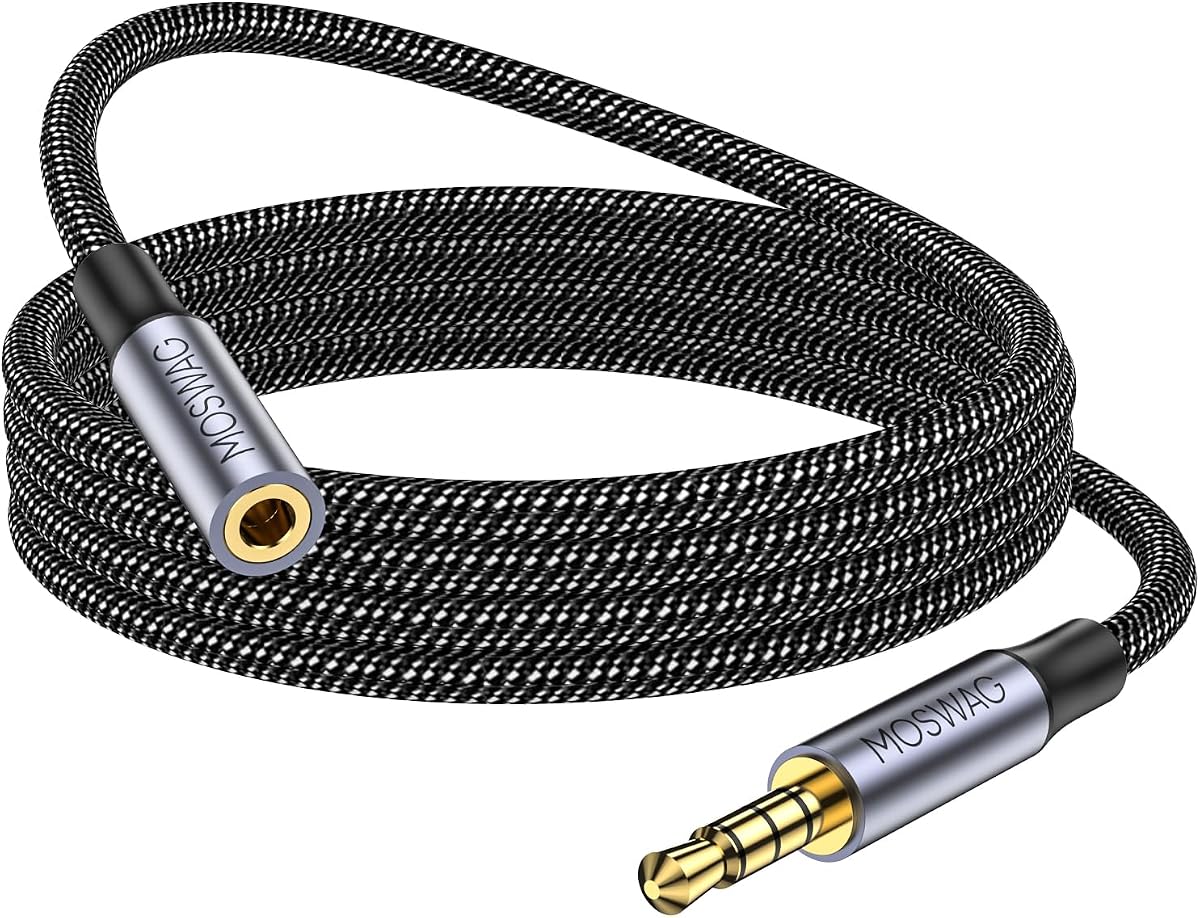 MOSWAG 6.6FT 3.5mm Male to Female Extension Cable with Microphone Stereo | Audio Adapter Nylon Braided Compatible for Home/Car Stereos Smartphones Headphones Tablets Media Players and More