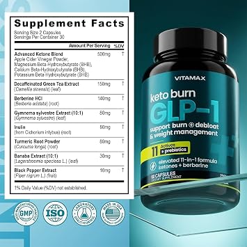 Vitamax GLP-1 Support Supplement for Weight Loss & Fat Burner for Women & Men Ketone Metabolism Support with BHB Ketones, ACV, Berberine, Polyphenols & Prebiotics for Appetite, Digestion & Cravings
