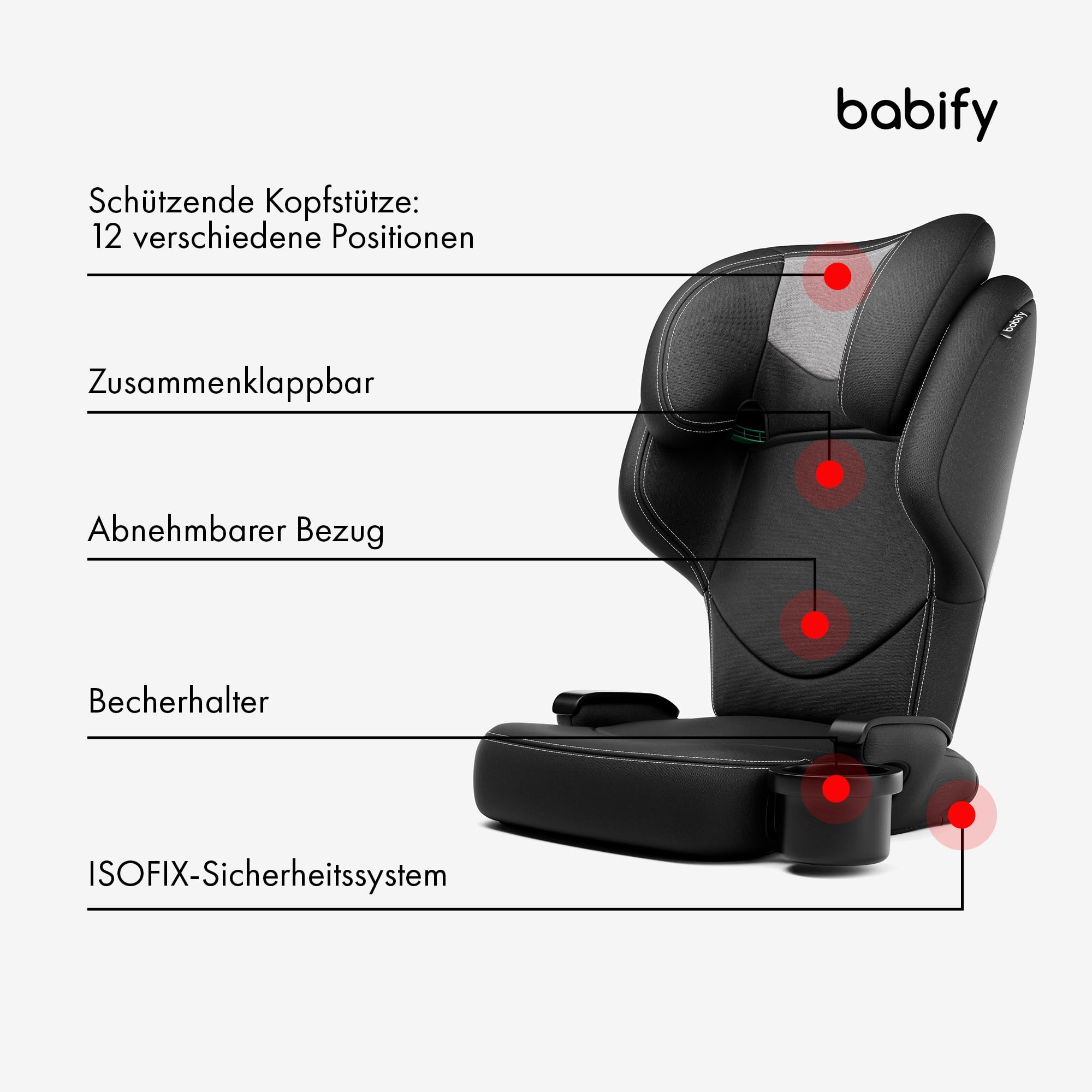 Babify Urban Kindersitz 15-36 kg - Isofix & i-Size, Für Kinder 3-12 Jahre, 12-Fach Verstellbare Kopfstütze, Abnehmbarer Getränkehalter, Faltbar, Abnehmbarer Bezug, Auto Kindersitz, Schwarz