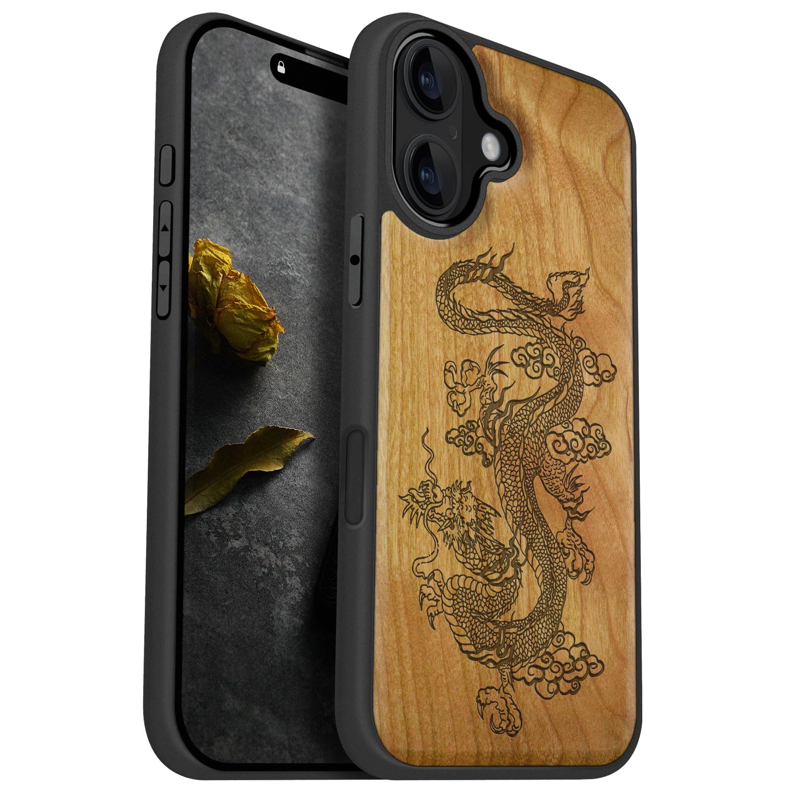 Carveit Magnetic Wooden Case for iPhone 16 Case, Wood Artisan Engraved & Black Soft TPU Shockproof Cover, Compatible with MagSafe Wireless Chargers (