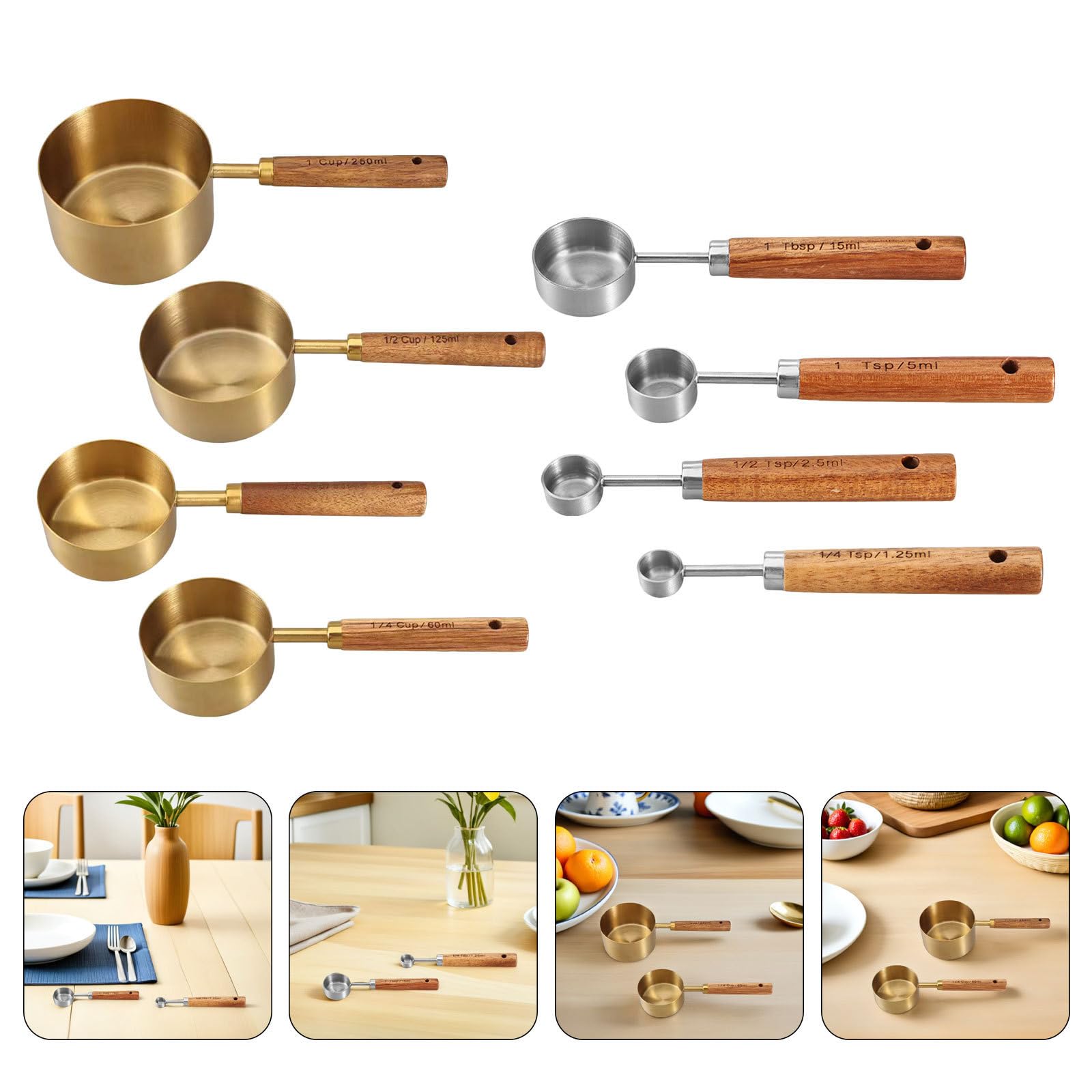 INOOMP Juego de 8 Tazas y Cucharas Medidoras de Acero Inoxidable con Mangos de Madera para Cocinar y Hornear con Medición Precisa y Durabilidad Excepcional