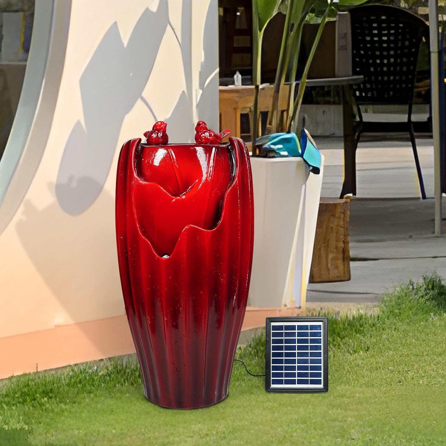 ZMG Solar Powered Outdoor Fountain with LED Lights, 20" H Resin Red Vase Freestanding Water Feature with Pump, Bird Bath & Waterfall for Garden Backyard Decking Décor