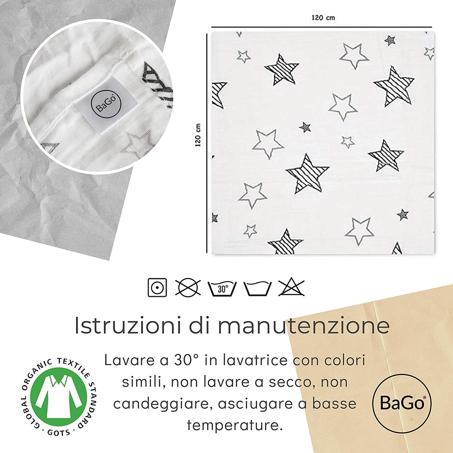 Mussole Neonato Bago® - 100% Cotone Biologico Certificato Gots - 120 X 120 - Mussola Copertina Lenzuola Culla Neonati - 2 Fantasie - Sacchetto Protettivo Da Trasporto - Regalo Bebe Per Bimba E Bimbo