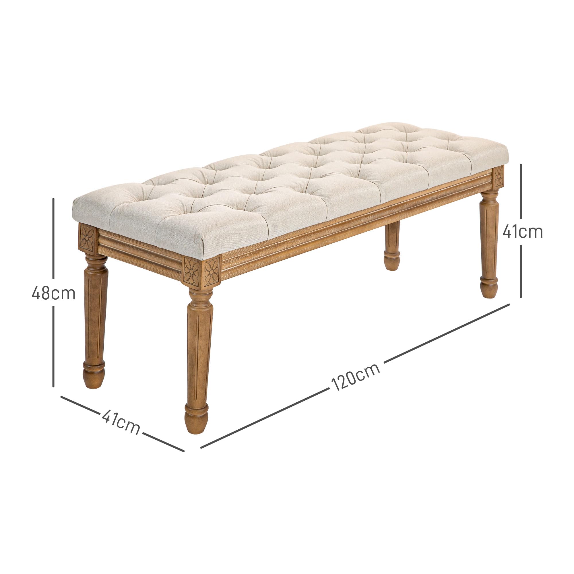HOMCOM Banc, banc rembourré avec aspect lin, pieds en bois, banc de lit pour chambre à coucher, salon, couloir, 120 x 41 x 48 cm, crème