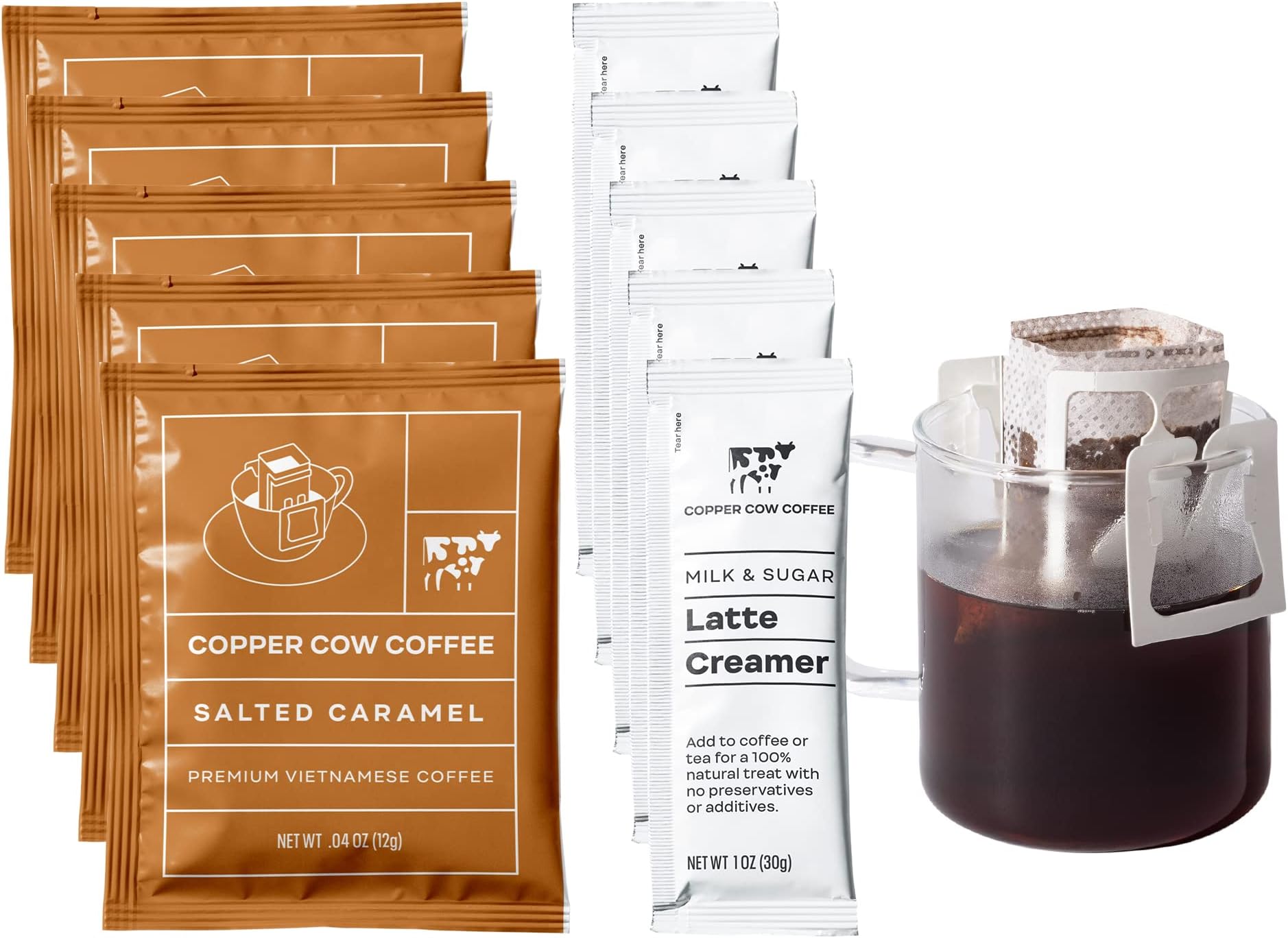 Copper Cow Coffee Vietnamese Pour Over Coffee Filters with California Sweetened Condensed Milk – Single-Serve and All-Natural Pre-Filled Coffee Filters – Salted Caramel Latte (5 Pack)