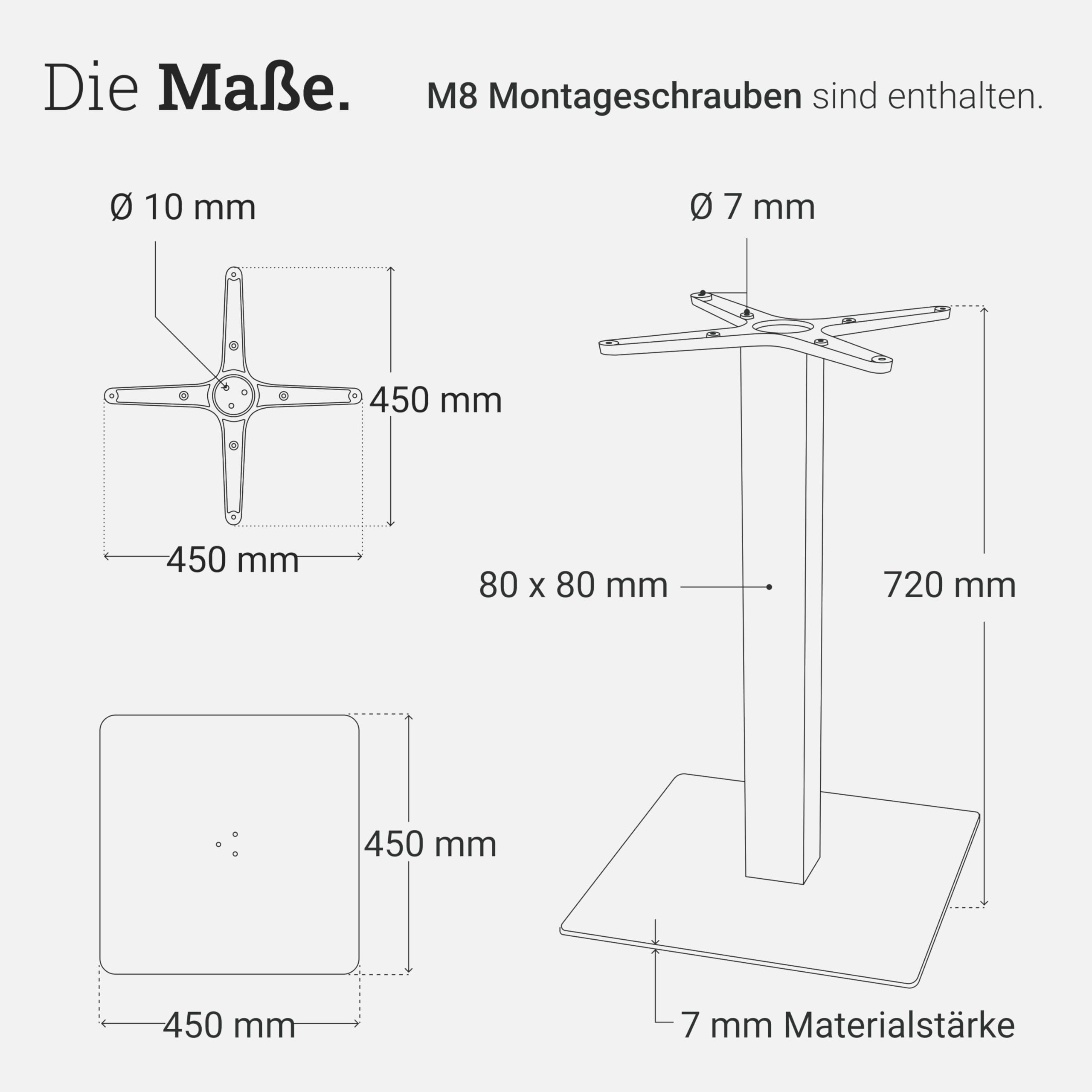 Natural Goods Berlin 1x Bistrotischgestell Single ECKIG - 17kg Bistro Tisch Tischgestell Metall Schwarz Gastro - DIY Tisch Untergestell 720 mm - Für Tischplatten bis 75x75cm oder 80cm Durchmesser