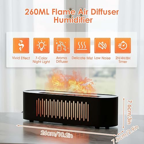 Miniatura 2 de Difusor de aceite esencial negro, difusor de aromaterapia con llama de fuego de chimenea, humidificador de niebla fría de 8.8 fl oz, difusor de