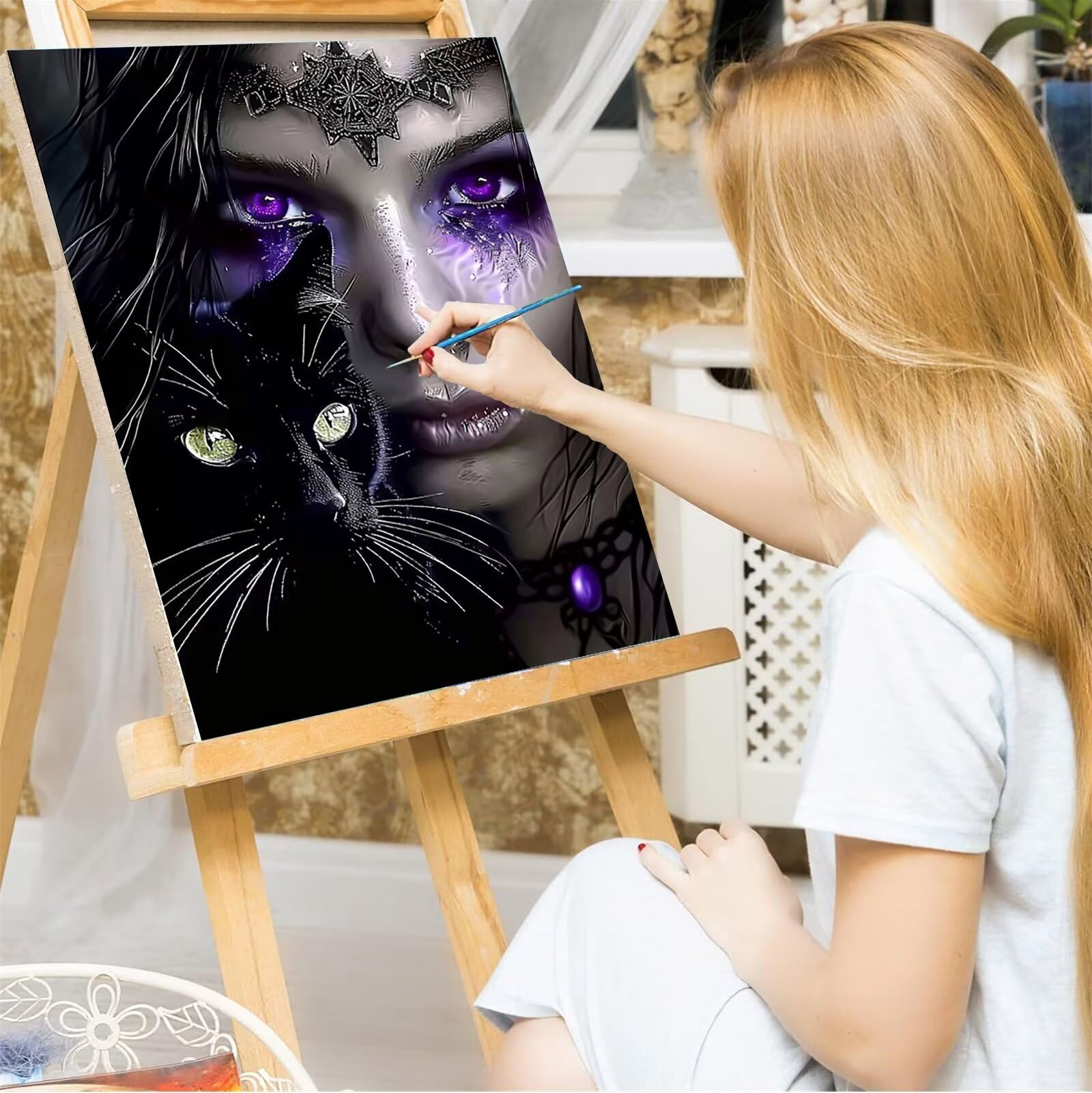 Malen nach Zahlen Kinder ab 7 8 9 10 Jahre Mädchen, Malen nach Zahlen Erwachsene Malen-Nach-Zahlen Kinder Teenager Kreatives fürGeschenkideen Malen nach Zahlen Zauberin Augen 60x80cm (mit Rahmen)