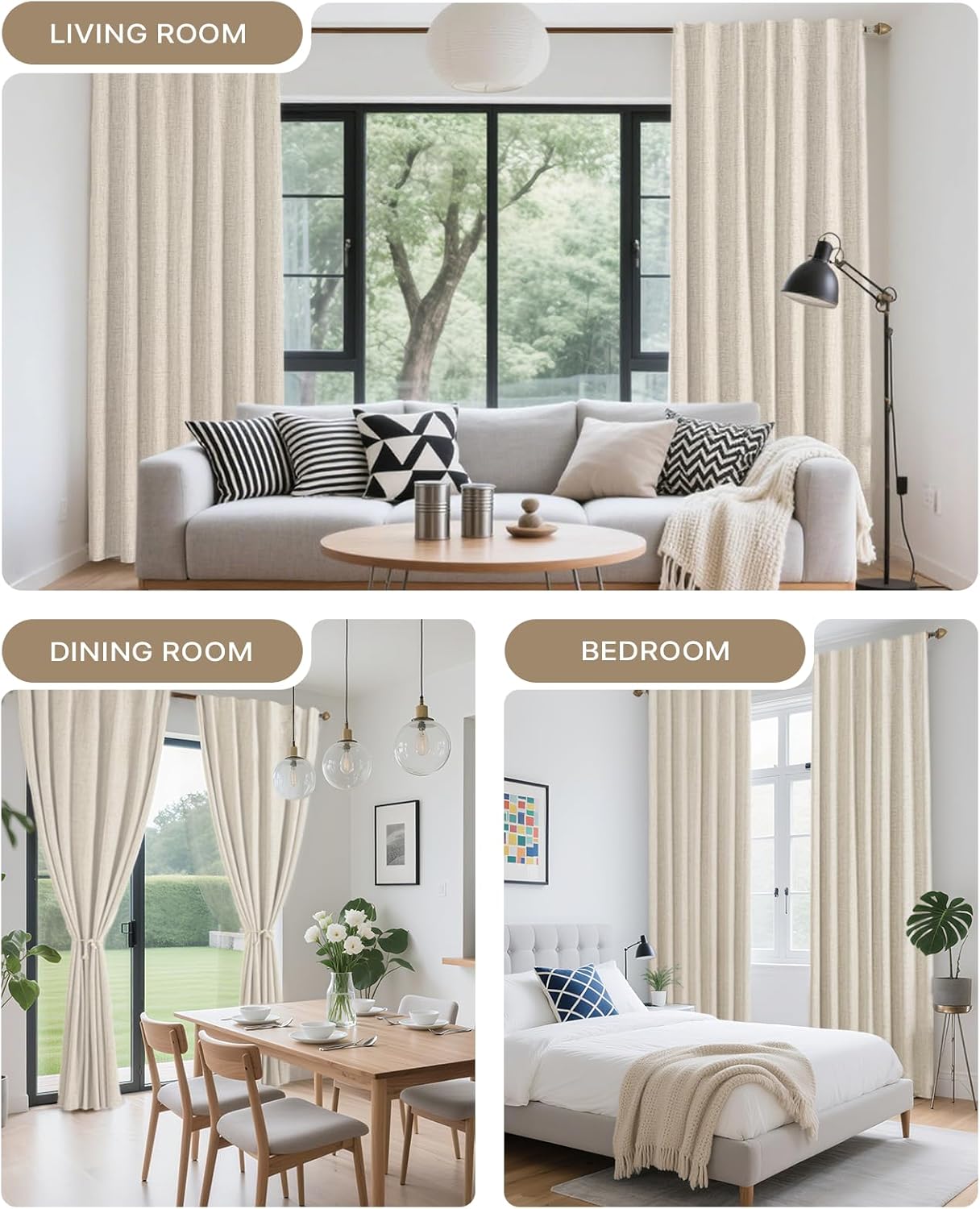 Blackout Curtains 96 Inch 2 Panels - 100% Light Blocking Thermal Insulated Noise Reducing, Linen Blend Hooked Pleat, Boho Farmhouse Style Drapes for Bedroom Living Room Cream