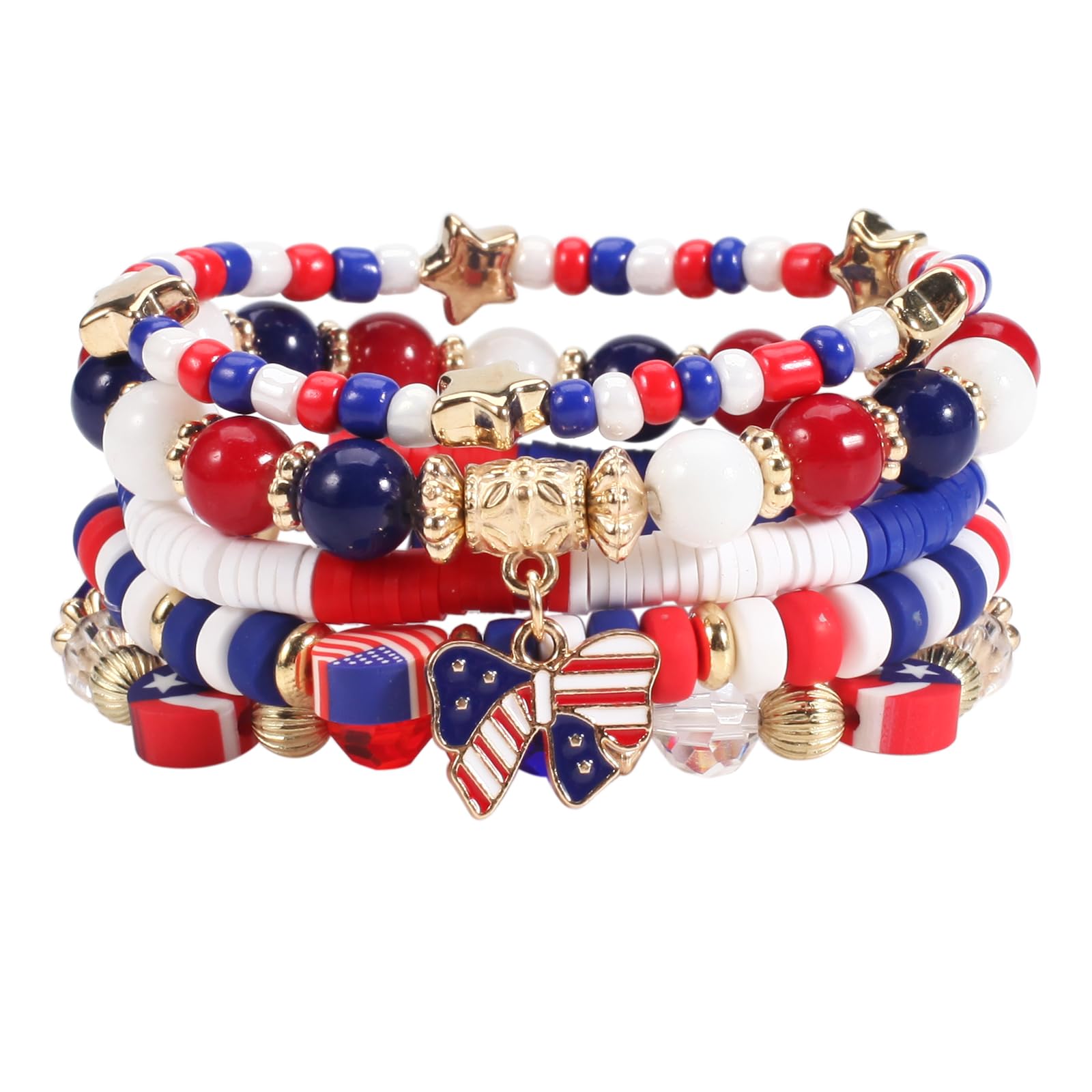LonextIndependence Day Bracelets American Flag Charm Stretch Beaded Bracelet Festive Costume Party Accessory Gifts