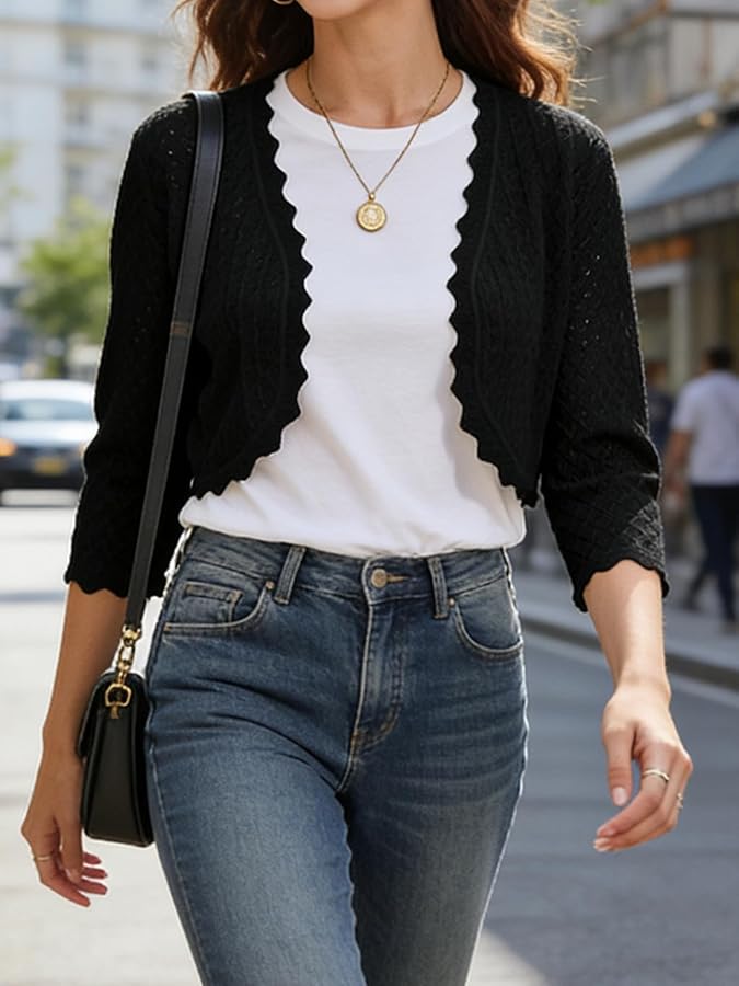 Halife Cardigan for Women Cropped Black 3/4 Sleeve Shrugs for Women Dresses, image 5