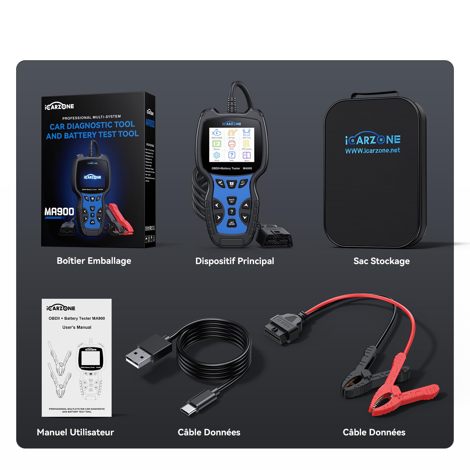 MA900 Testeur de Batterie Voiture + Outil de Diagnostic OBD2, avec Test de Décharge, Test de Démarrage, Test de Charge, Lecture OBFCM/Codes/Données Temps Réel,pour Voitures et Motos-12V/24V
