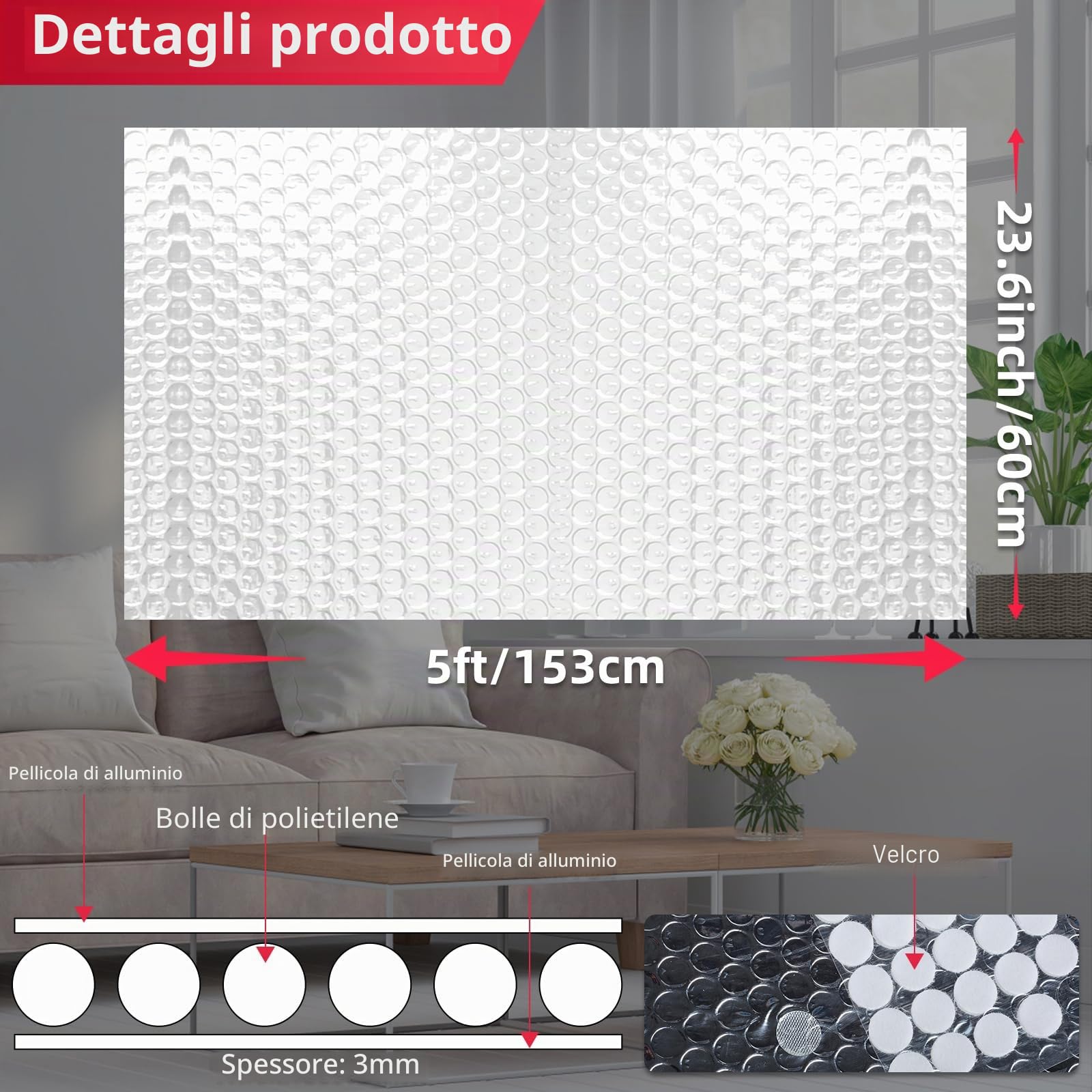 Isolante Termico a Bolle Riflettente 3mm Doppio Foglio Alluminio 60,9cm x 1,5m