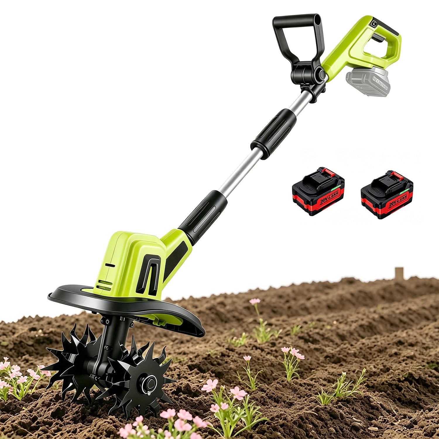 Cultivador Manual para Jardinería, Motoazada Eléctrica Inalámbrica con 4 Dientes de Acero, Ancho de 25 cm, Profundidad de 22 cm, Rotocultivador Ligero para Preparación y Aireación del Suelo