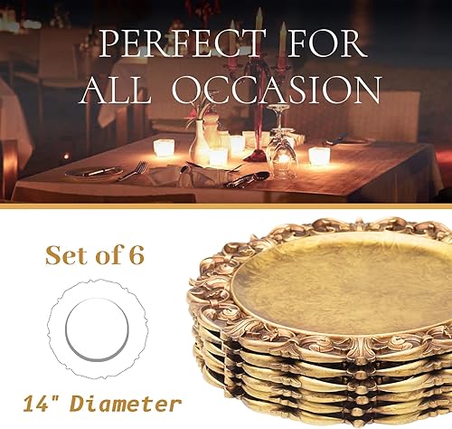 Miniatura 3 de MAONAME 14" Antique Gold Charger Plates with Embossed Rims, Set of 6, Plastic Plate Chargers for Dinner Plates, Table Setting Juego de 6