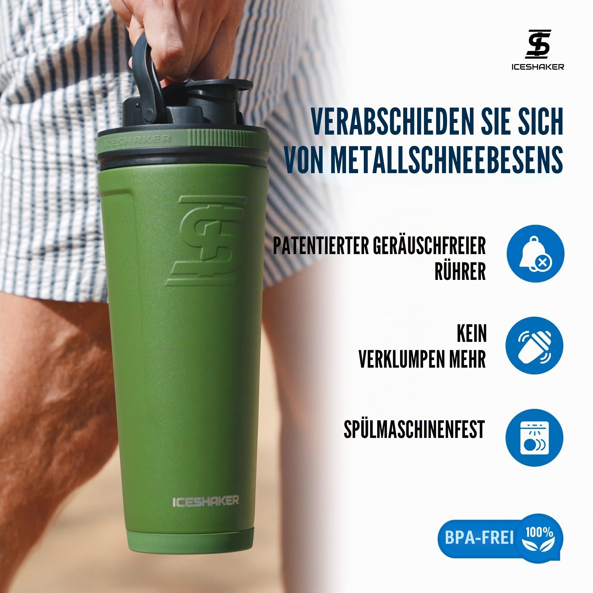 Ice Shaker - Edelstahl-Wasserflasche & Protein-Shaker, 750 ml, Grün, Shark Tank, Fitness-Studio, Wiederverwendbar, BPA-frei, Auslaufsicher, 740 ml, Edelstahl, Sport, Workouts