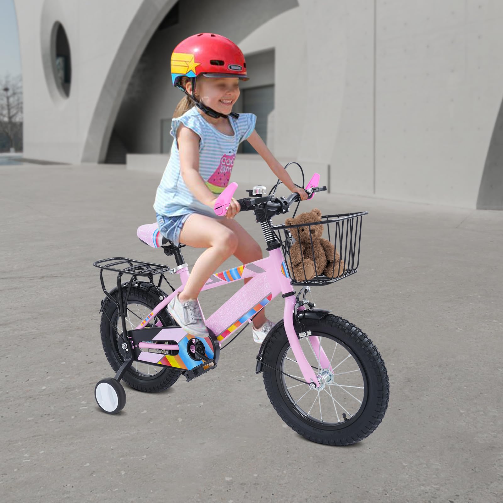 14 Zoll Kinderfahrrad, Jungen und Mädchen Fahrrad Kinder mit Stützrädern und Korb, Klingel, Höhe Einstellen Kinder Fahrrad, Trainingsfahrrad für 3-6 Jahre Jungen und Mädchen