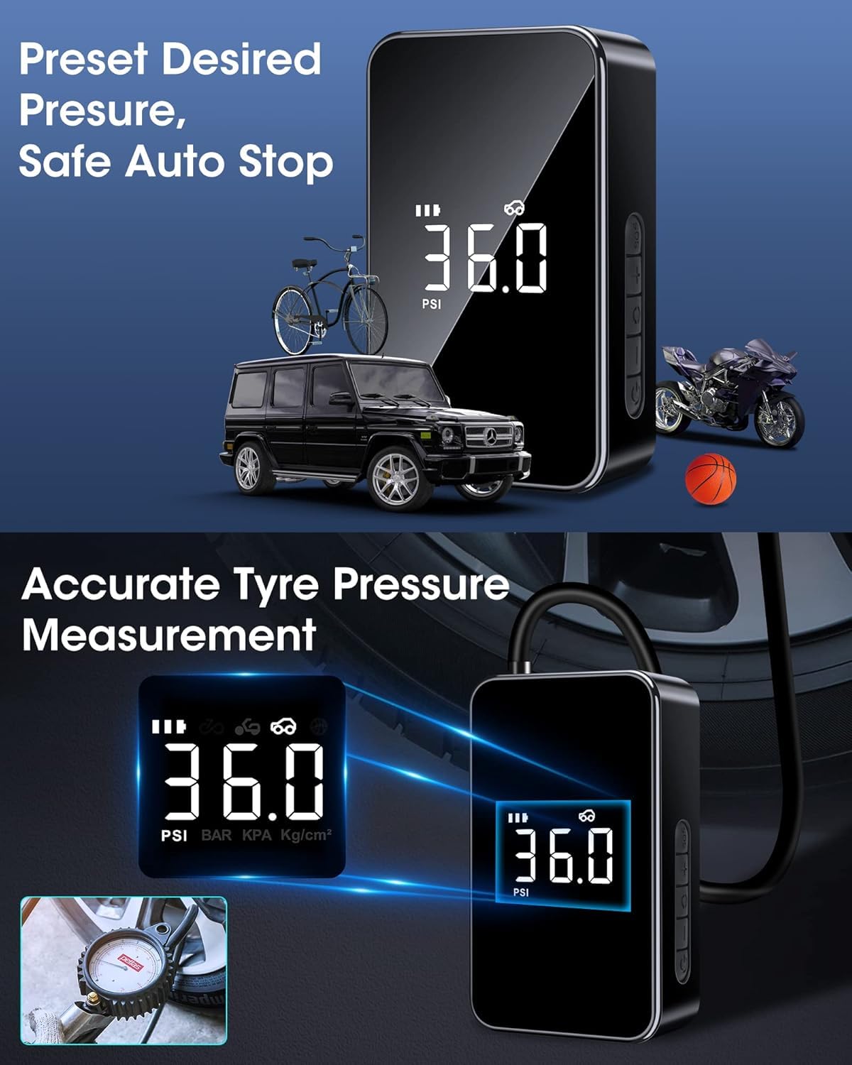 Pompe de gonflage de pneus 6000mAh, avec tuyaux gonflables de 40cm, avec écran LCD, pour Voiture, Moto, vélo