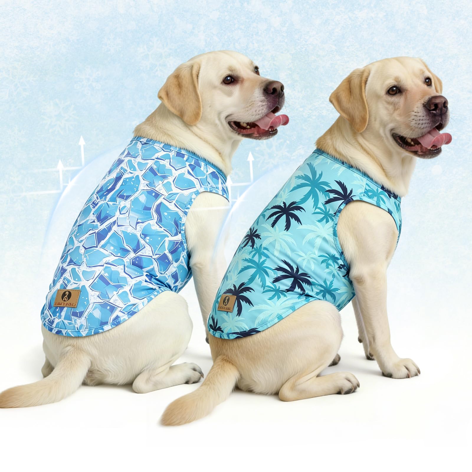 KOOLTAIL Lot de 2 vêtements rafraîchissants pour chiens de grande taille, protection UV et insectes UPF50+, séchage rapide, anti-perte de poils, respirant, sans manches, motif glaçons et noix de coco