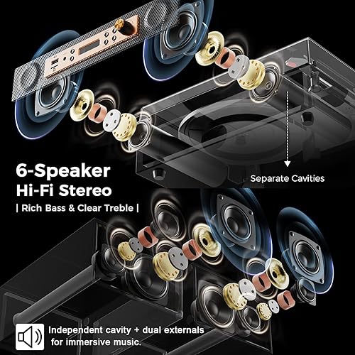 Miniatura 2 de Tocadiscos Bluetooth con altavoces estéreo integrados y externos, tarjeta USBTF y grabación de PC, tocadiscos vintage de 3 velocidades con salidas