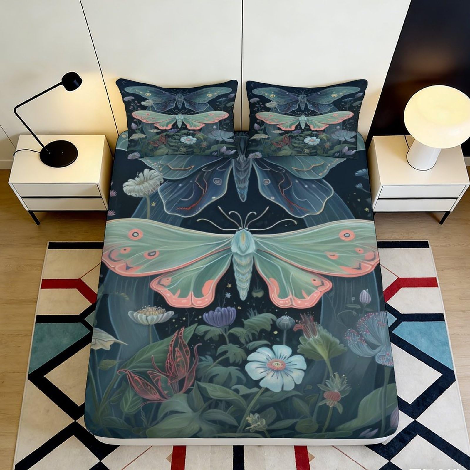3D Printed Moth Floral Fitted Sheet Microfiber Soft Breathable Butterfly Garden Mattress Cover for Bedroom Dorm Decor 90x200x25cm