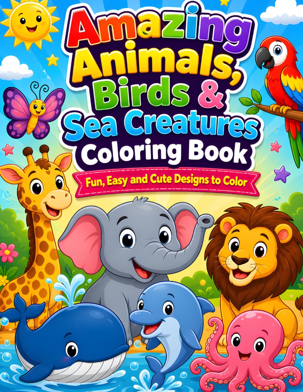 Amazing Animals, Birds & Sea Creatures Coloring Book: Fun, Easy & Cute Designs to Color