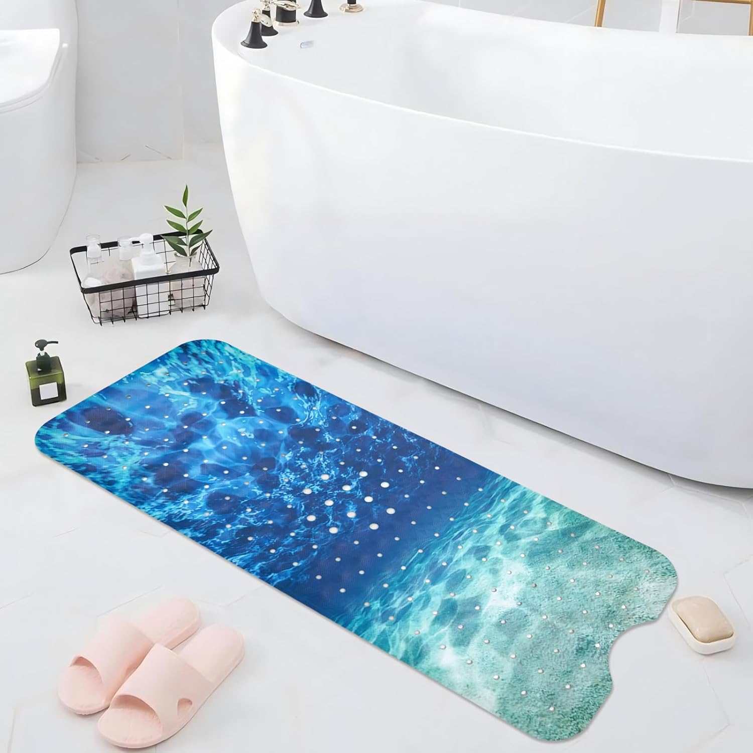 Seawater Bathtub Mat Non Slip, Ocean Waves Bath Tub Mat Baby Bath Mats for Bathroom Anti Slip Shower Mats for Inside Shower, Underwater Bathmat with Suction and Drain Holes Machine Washable, 40″x16″