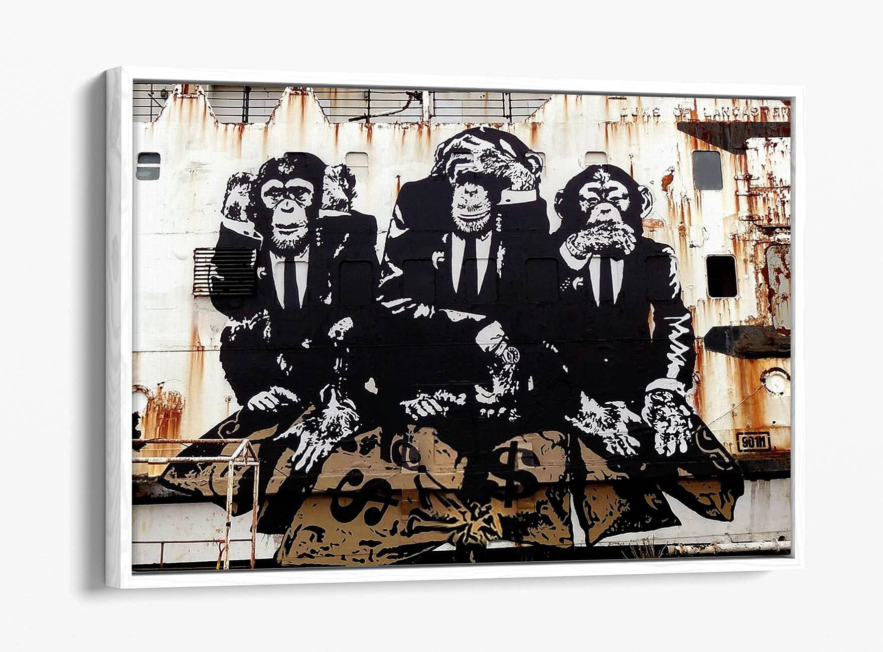 Canvasartshop White - Banksy Three Wise Monkeys- Float Effect Framed Canvas Wall Art Picture Print (, 24X16)