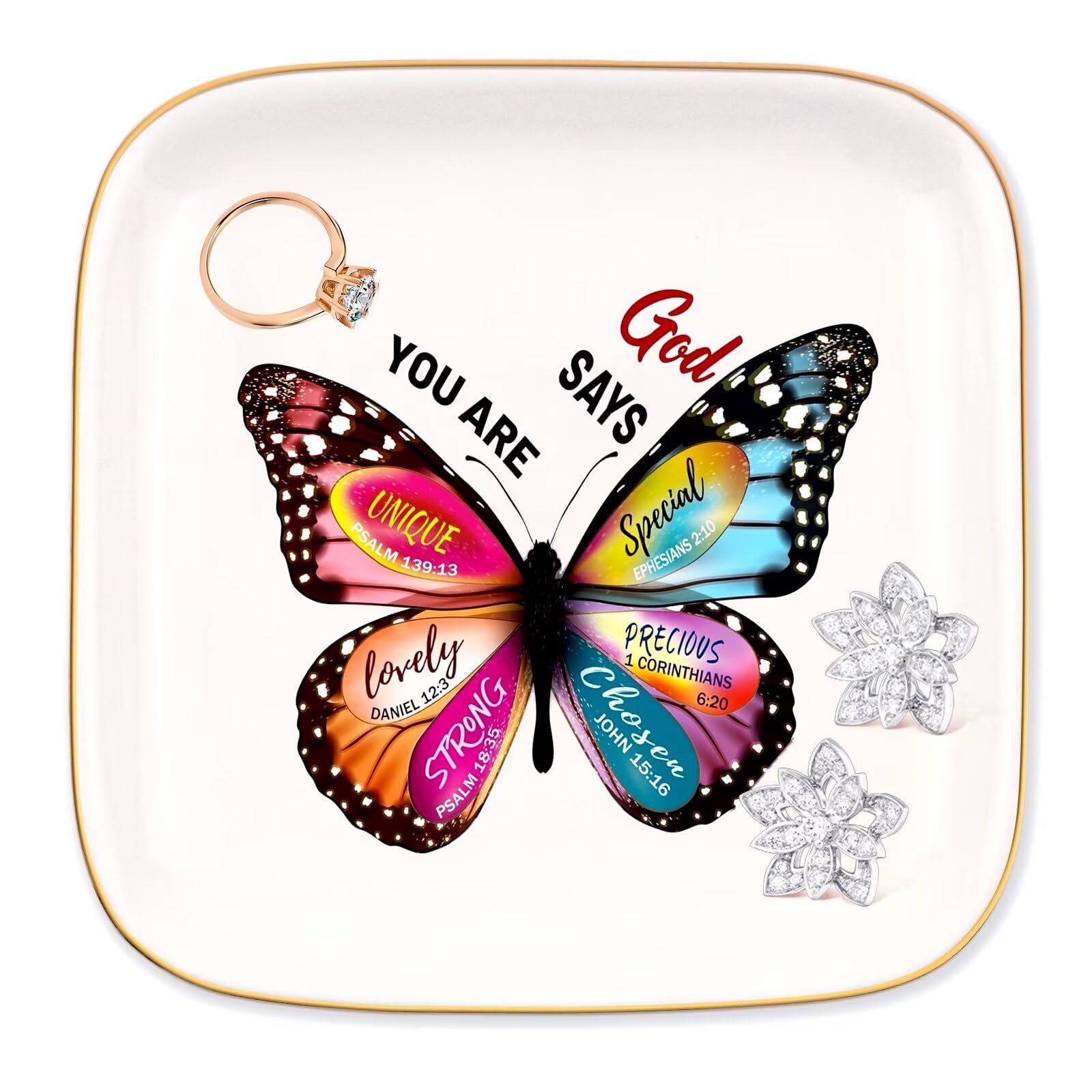 Ceramic Jewelry Ring Dish, Necklace Earrings Holders Tray Christian Gifts - Butterfly Inspirational, Gifts for Mother's Day, Christmas, Thanksgiving, and Birthdays for women 1