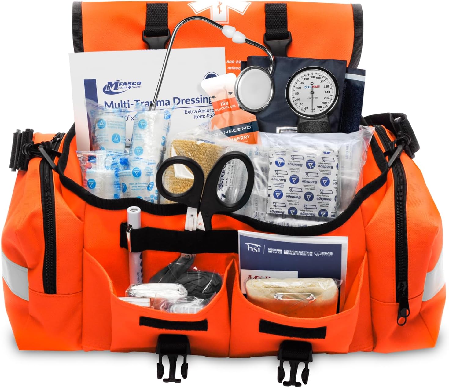MFASCO Complete Emergency Response First Aid Kit Trauma Bag - 415 Piece Fully Stocked Supplies for Disaster Preparedness | For Business, Schools, Organizations, Groups, Home Safety (Reflective Orange)