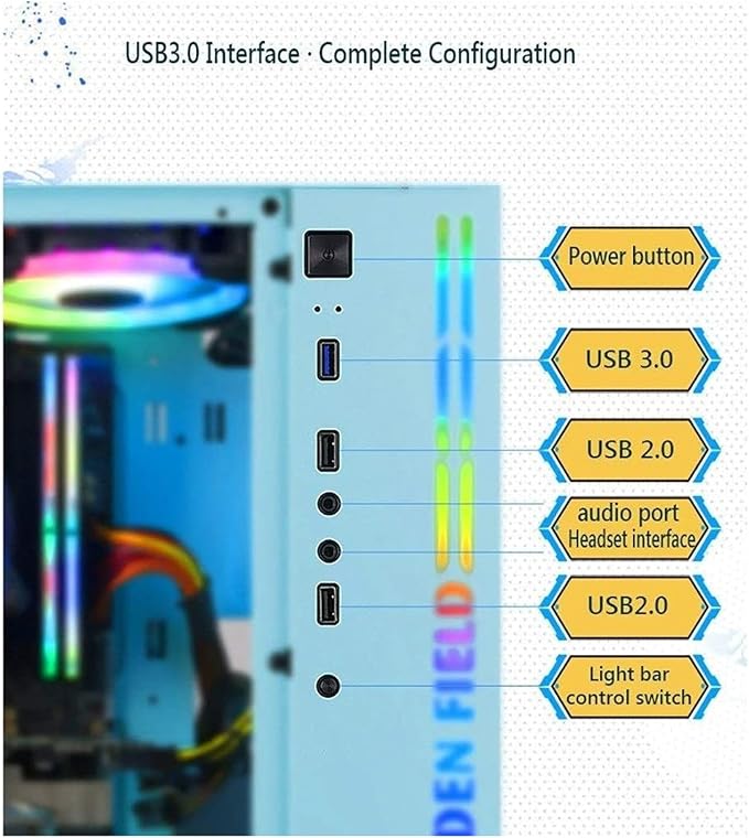 Gabinete de Computadora Mid-Tower, compatible con placas ATX, M-ATX e ITX, con panel lateral de vidrio templado, puertos USB 3.0 y USB 2.0, puerto de audio, incluye barra de luz RGB y soporte para enfriamiento líquido, color azul miniatura 7